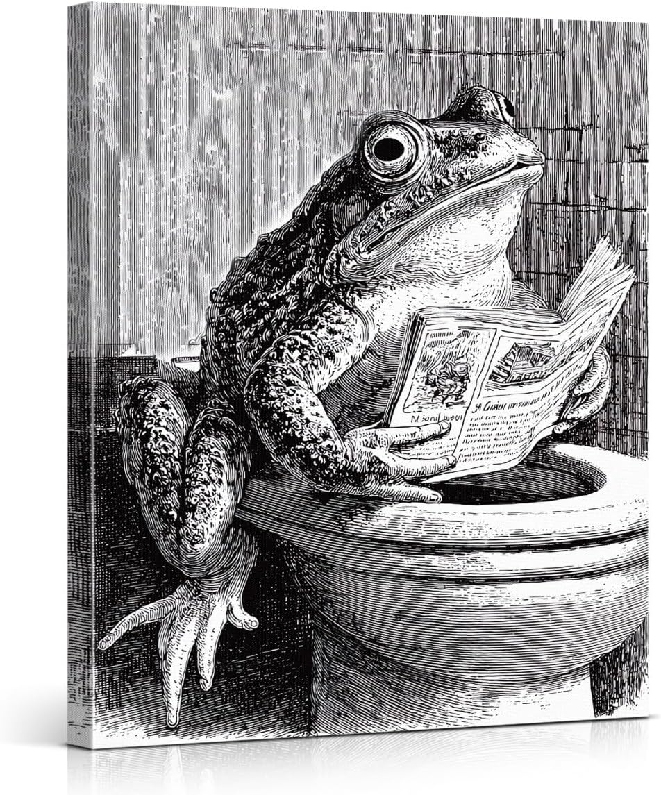 Funny Retro Toad Bathroom Wall Art Toad Reading Newspaper on Toilet Canvas Print Poster Funny Animal Bathroom Wall Decor 8x10 Inch Framed