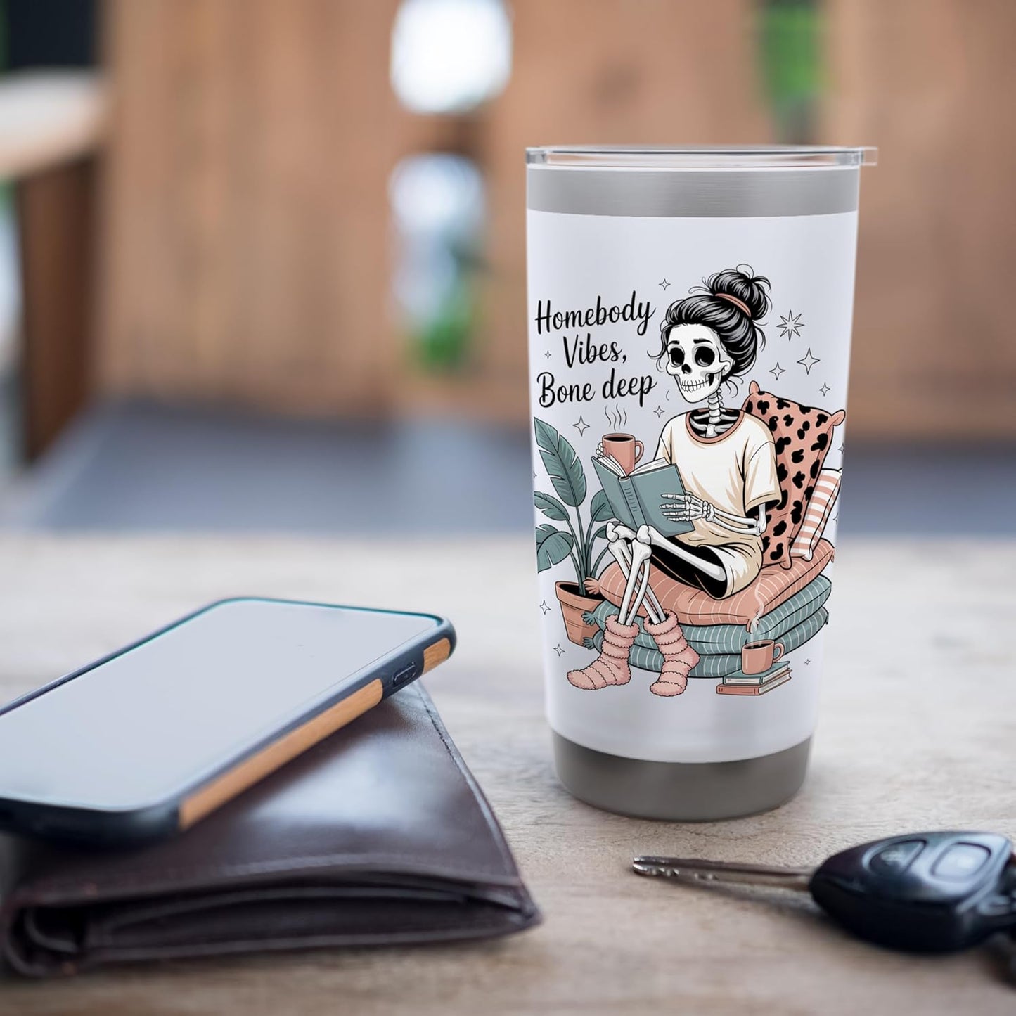 Homebody Skeleton Reading Book Cozy Bone Deep Vibes Stainless Steel Insulated Tumbler