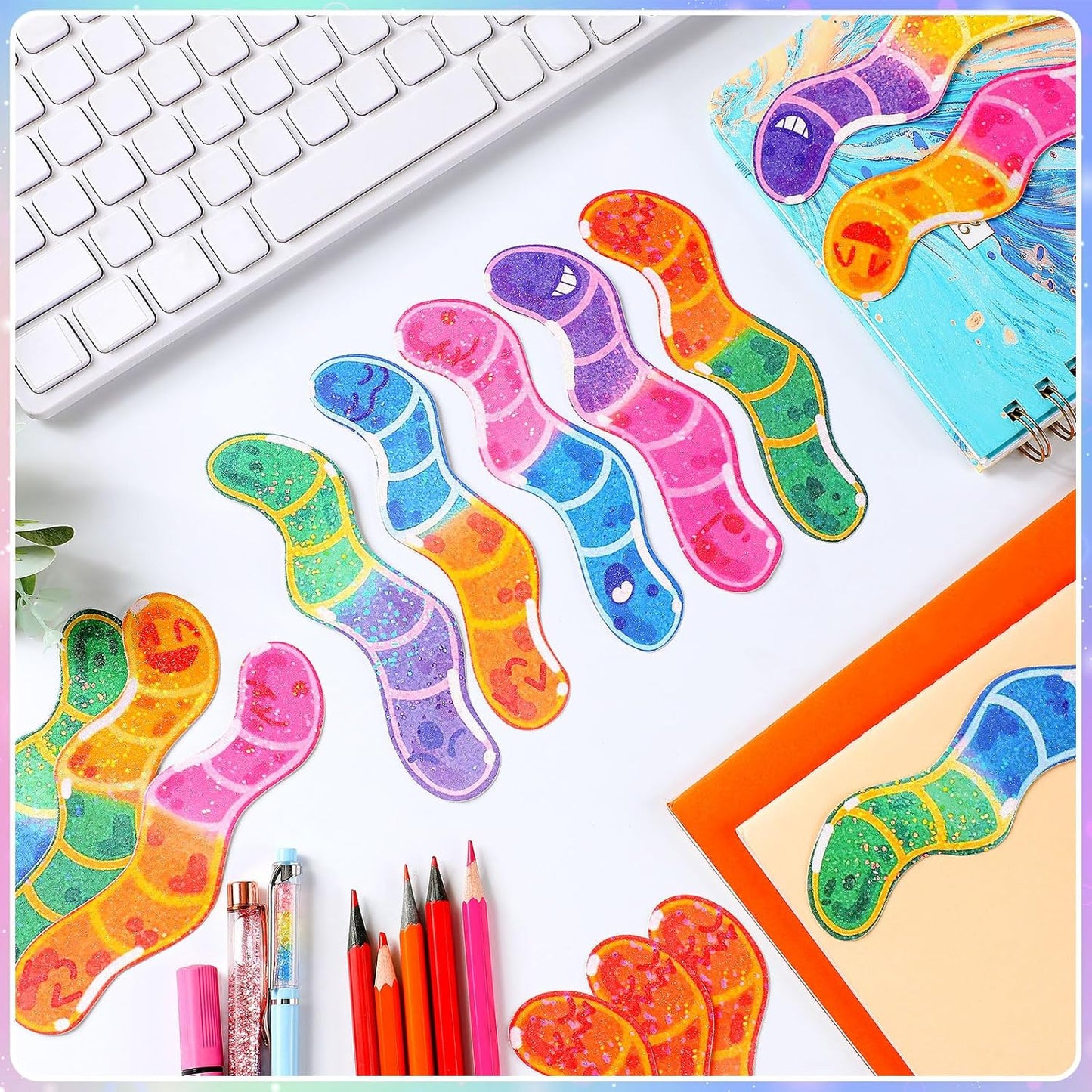 100 Pcs Worm Bookmarks Bulk for Kids Cute Holographic Glitter Gummy Worm Fun Bookmarks for Book Lovers Adults Teacher Funny Reading Gifts Bookish Party Favors