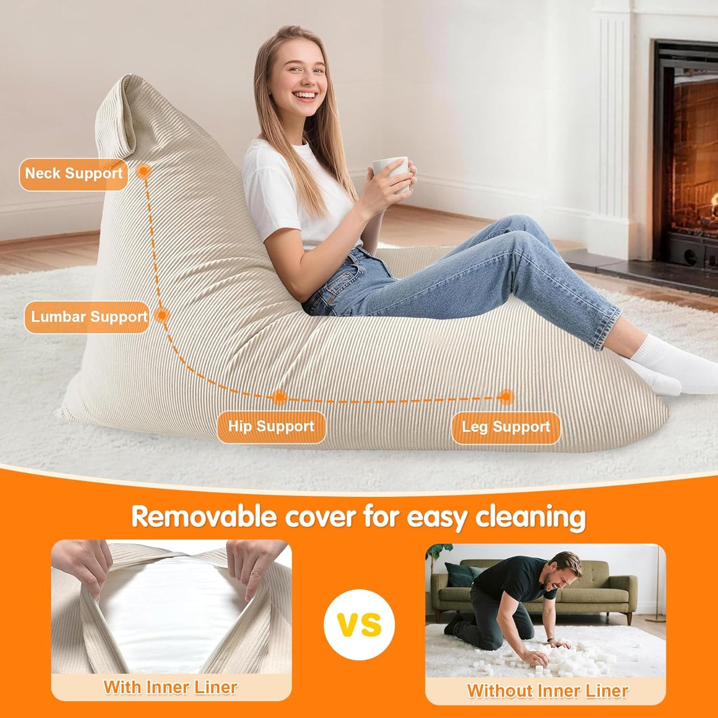 Lukeight Bean Bag Lounger Chair with Memory Foam for Kids Teens Adults, Bean Bag Sofa with Removable Cover, Cozy Beanbag Chair for Living Room, Lazy Sofa for Gaming and Reading, XX-Large