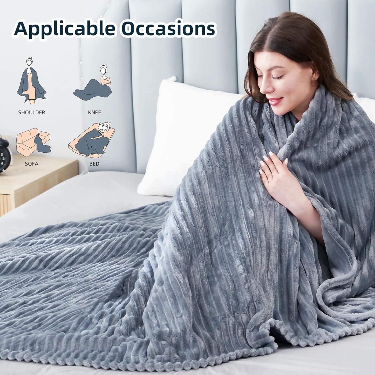 Electric Heated Blanket Full Size 72"x84",Fast Heating Throw, Soft Striped Flannel for Bed & Couch, 1-12 Hours Auto Off & 12 Heating Levels, Machine Washable, Gifts for Family-Light Gray