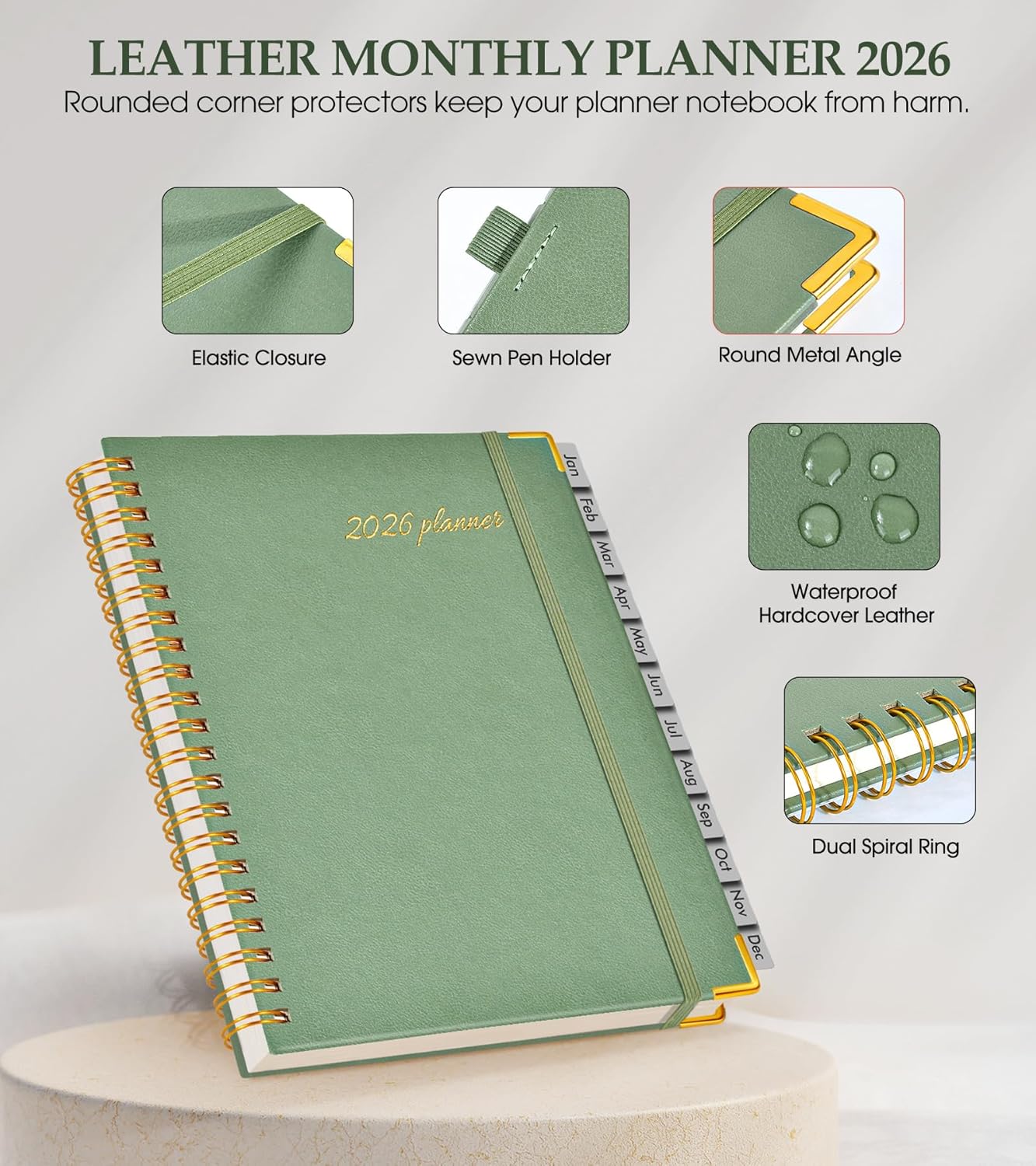 2026 Planner, Weekly and Monthly Calendar Planner from January 2026 - December 2026, 8.5" x 11" Hardcover Leather Hourly Appointment Book with Tabs, Spiral Daily Planners for School Work Home, Green