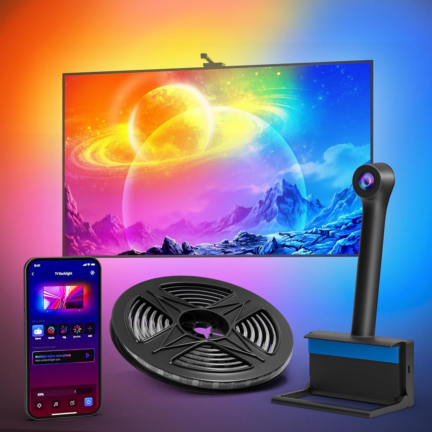 Ailofy TV Backlight with Camera, 12.5ft LED Strip Lights Behind the Monitor, Sync to 55-65 inch TVs Screen, Movie Game Mode, Color Changing TV Lights, Work with Alexa&Google Assistant, App Control