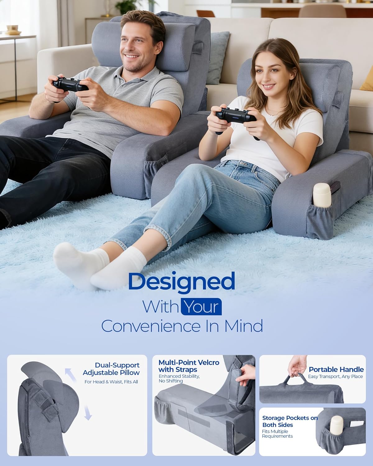 Adjustable Wedge Reading Pillow — Large, 30–90° Stepless Angle, Detachable Arms, Bed or Couch