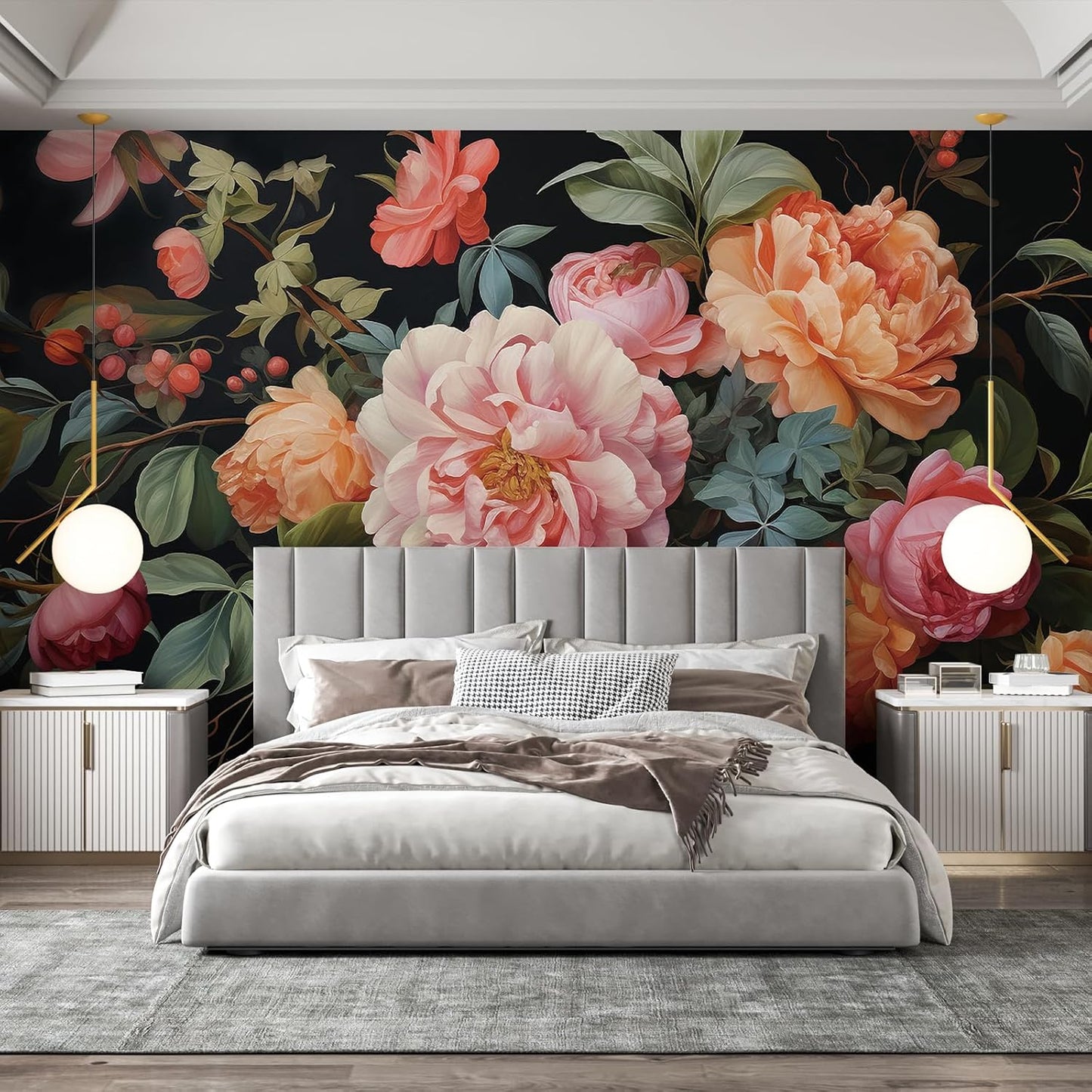 Zeeko Large Floral Peel and Stick Wall Murals 148" W x 98" H Vintage 3D Dark Peony Flowers Wallpaper Self Adhesive Nature Botanical Leaf Wall Stickers for Bedroom TV Background Living Room Decor