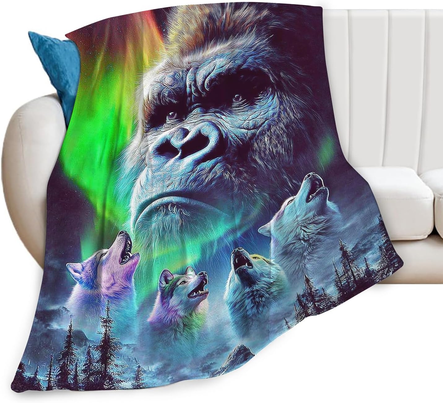 Gorilla Wolf Blanket for Girls Women Boys Men Adults Kids Soft Cozy Fleece Aurora Chimpanzee Foot Throw Blankets Gifts Warm Flannel Plush Lightweight Decor for Couch Bed Sofa 50"X40"
