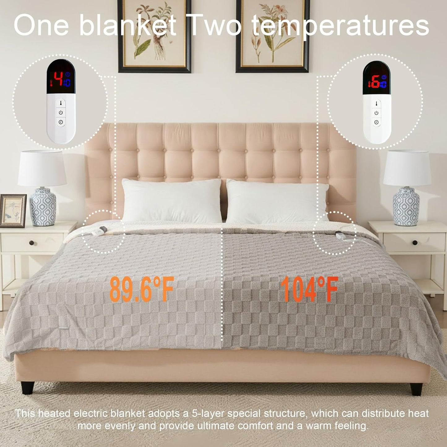Electric Blanket, Heated Blanket with 6 Heat Levels & 10 Hours Auto Off, Soft Checked Flannel Fast Heating Blanket with ETL & FCC Certification (Gray, 62"X84")