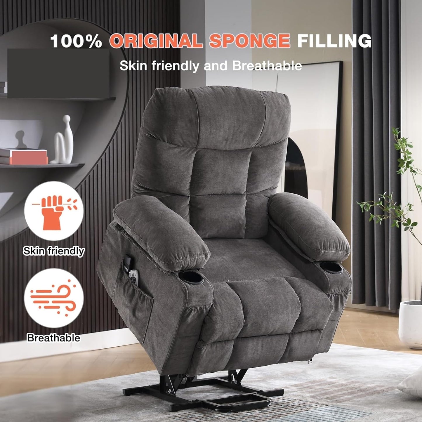 Electric Lift Recliner Chair for Seniors with Heated Lumbar & Full-Body Vibration Massage, Single Power Reclining Sofa with USB Charging, Dual Cup Holders, Side Storage Pocket, and Ergonomic
