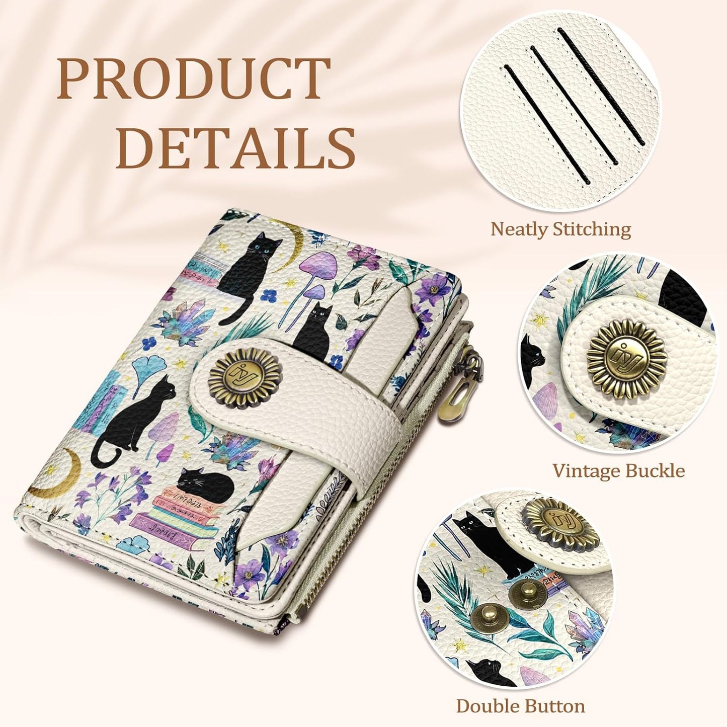 Black Cat Small Wallet Women RFID Blocking Bifold, Cute Credit Card Holder, Zipper Coin Pocket, PU Leather, Compact, Travel, 4 ID Window, 14 Card Slots, Cash Purse, Ladies Woman Female Girls