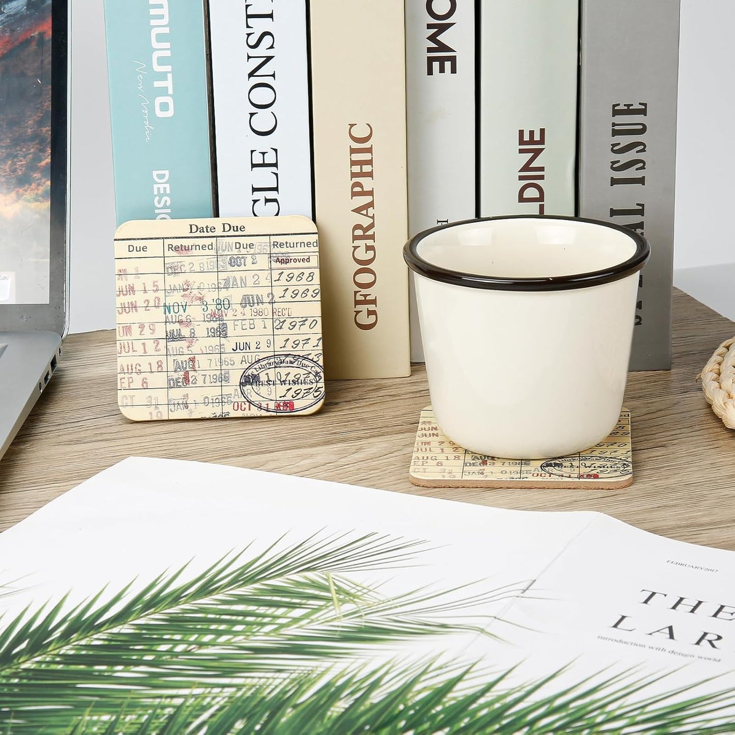 Vintage Library Due Date Card Coaster Set, 4pcs Library Card Coasters with Gift Card, Creative Drink Coffee Mug Coaster Literary Decor Library Gifts for Book Lovers Librarians Writers
