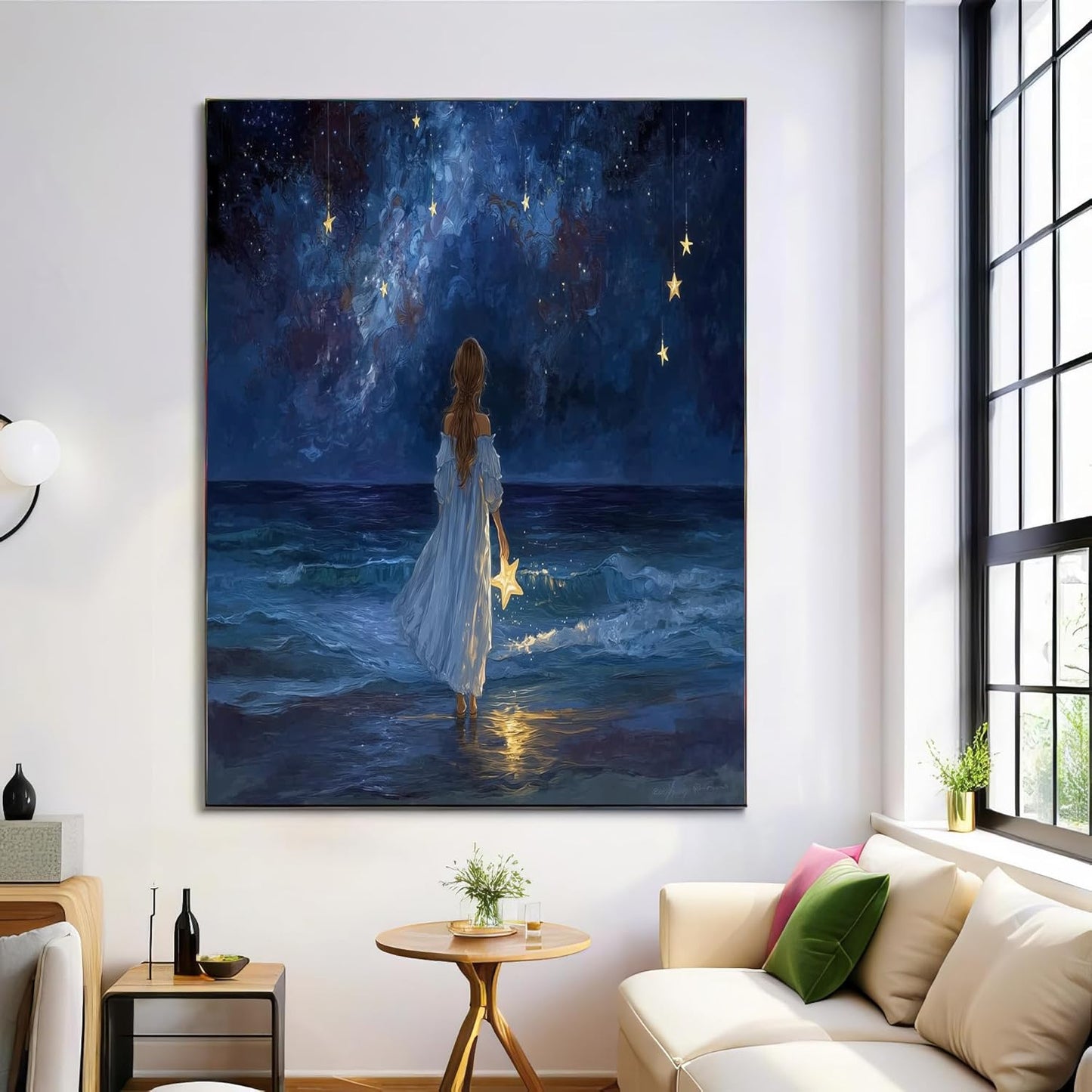 GDJSMIN Vast Starry Sky Wall Art, Beach Girl In White Poster for Reading Room Living Room Decor 24 x 36 inch Unframed