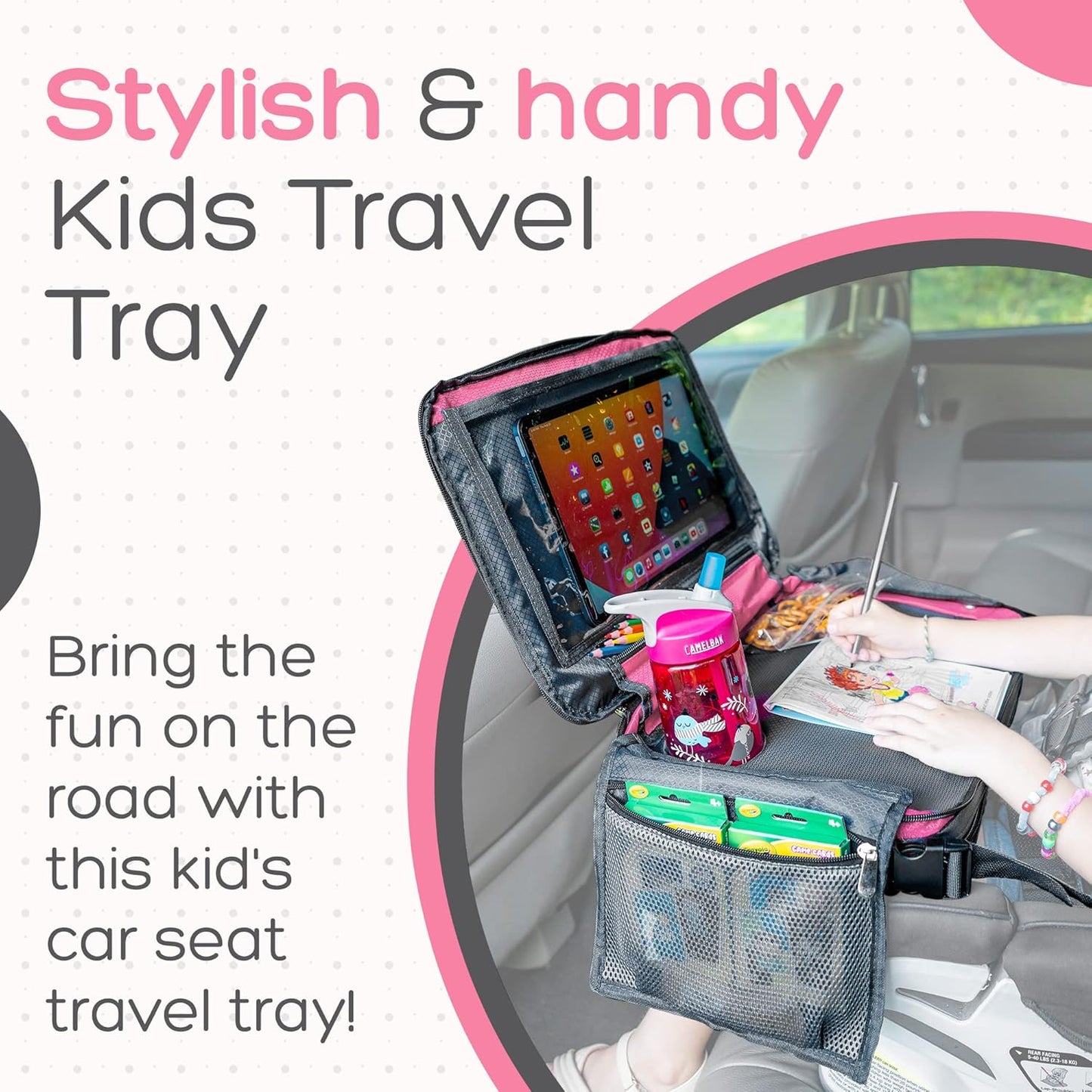 BE Family Travel Kids Car Seat Travel Tray, Car Accessories for Children, Car Seat Snack Tray, Traveling Essentials for Kids, Toddler Lap Tray for Engaging Activities, Multipurpose Design, Pink