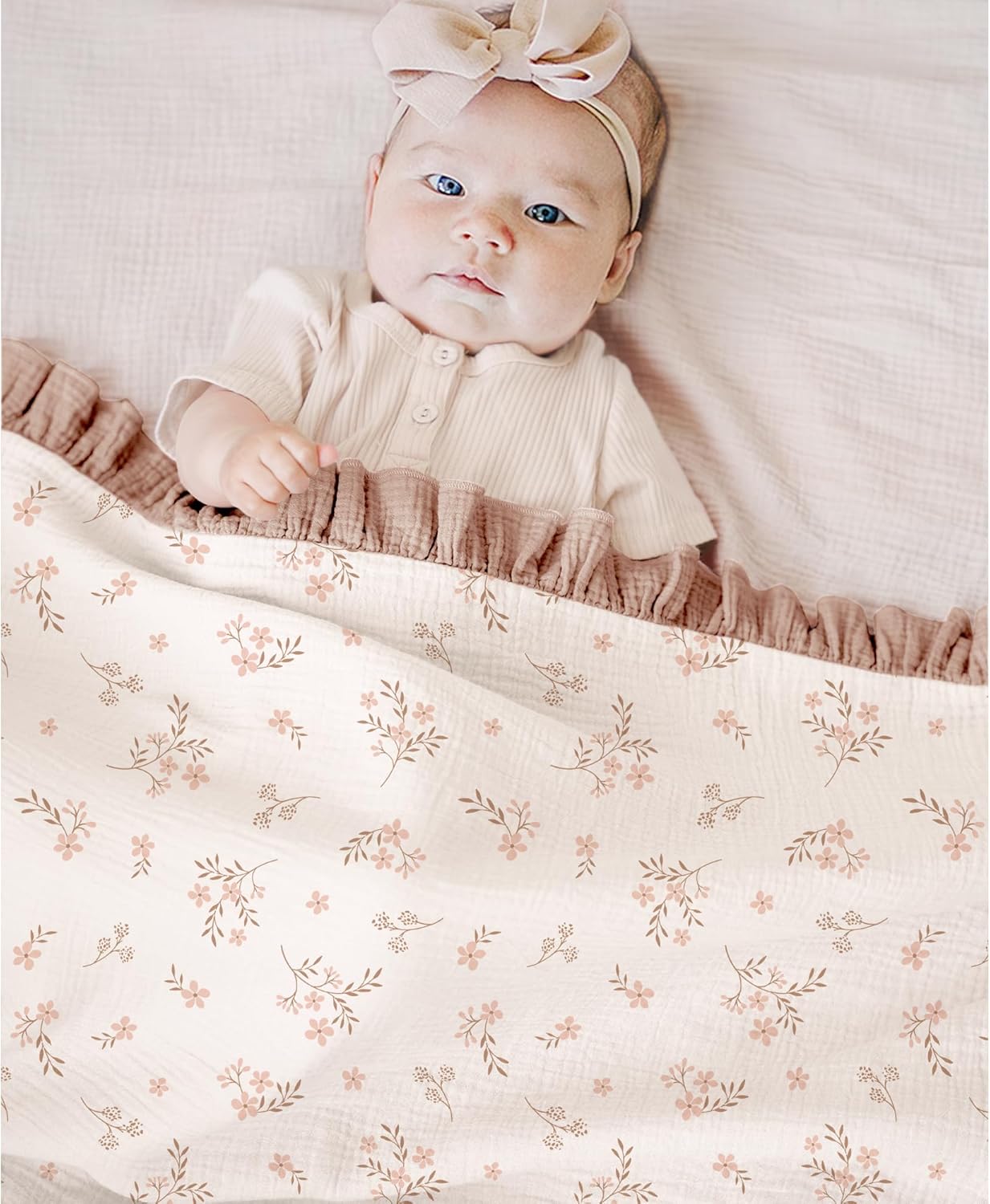 Konssy Flounce Muslin Baby Blanket for Girls Boys, 100% Cotton Soft Crib Swaddle Blankets, Reversible & Breathable Nursery Bedding for Newborns Toddlers, 40 x 36 Inches (Petal Dream)