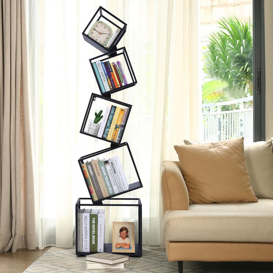 5-Tier Geometric Metal Bookshelf, Modern Unique Floor Corner Book Shelf 67", Display Storage Bookcase for Living Room, Bedroom, Office, Home Decor, Black