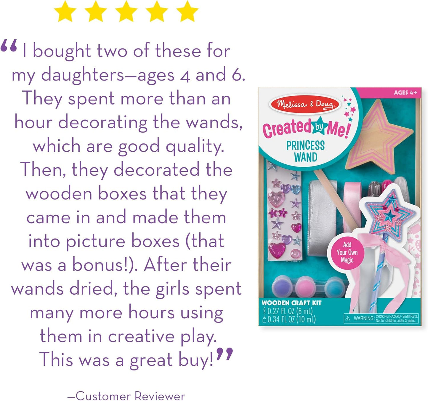 Melissa & Doug Created By Me! Paint & Decorate Your Own Wooden Princess Wand Craft Kit, Pink Princess Crafts Great for Rainy Days, Toys for Kids Ages 4+