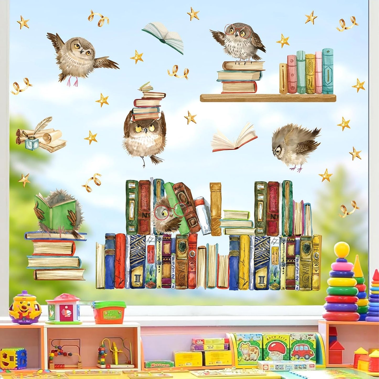 Reading Corner Wall Stickers,Owl Books Wall Stickers,Educational Window Clings,Library Reading Stickers,Cartoon Animal Wall Decal for Kids Baby Room School Bookstore Classroom Nursery Bedroom
