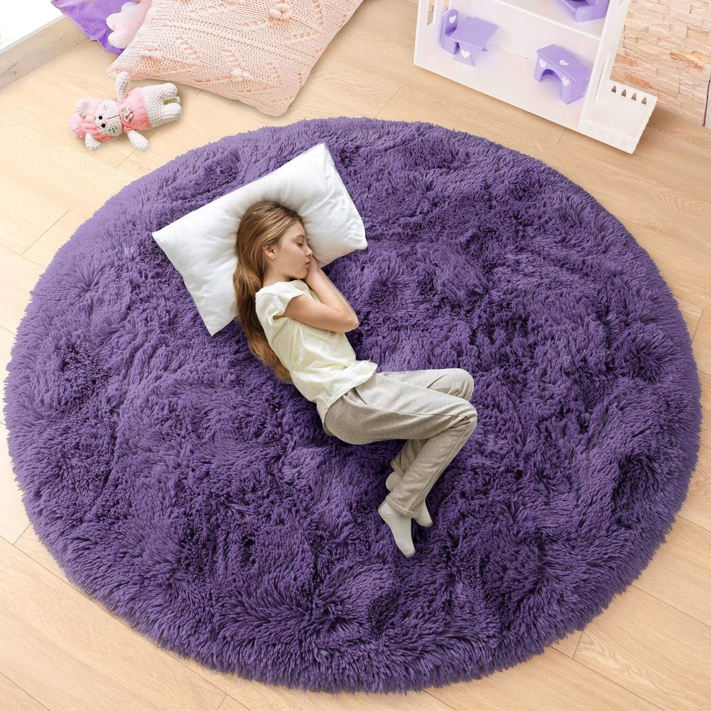 junovo Round Rug 4x4 Feet Fluffy Soft Area Rugs for Kids Girls Room Princess Castle Plush Shaggy Carpet Cute Circle Nursery Rug for Kids Girls Bedroom Baby Room Home Decor Circular Carpet, Gray-purple