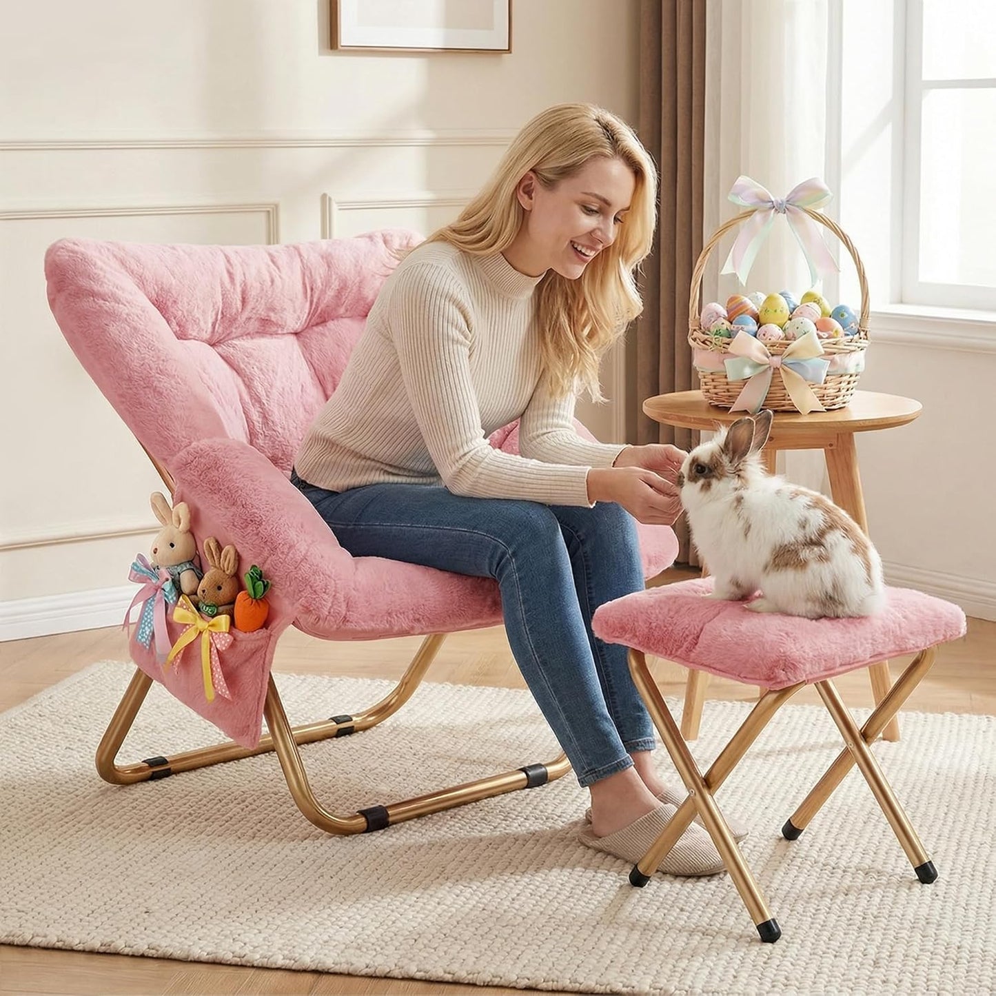Comfy Saucer Chair, Foldable Living Room Chairs, Soft Faux Fur Lounge Chair for Bedroom, Reading Chairs for Adults, Teens, X-Large (Pink)