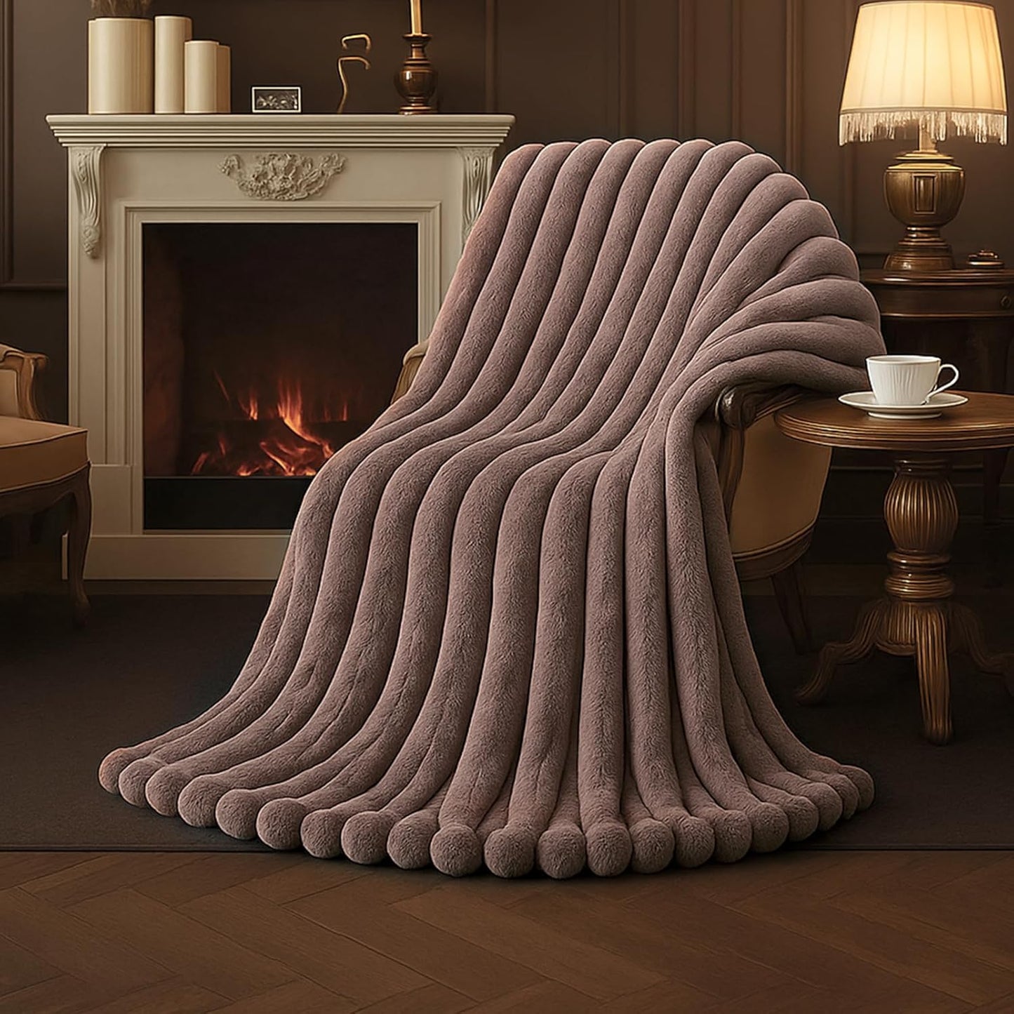 Amélie Home Faux Fur Throw Blanket for Couch, Cozy Fuzzy Fluffy Fur Luxurious Soft Striped Plush Gift Blankets for Family Sofa Chair Bedroom, 55"x70", Light Coffee