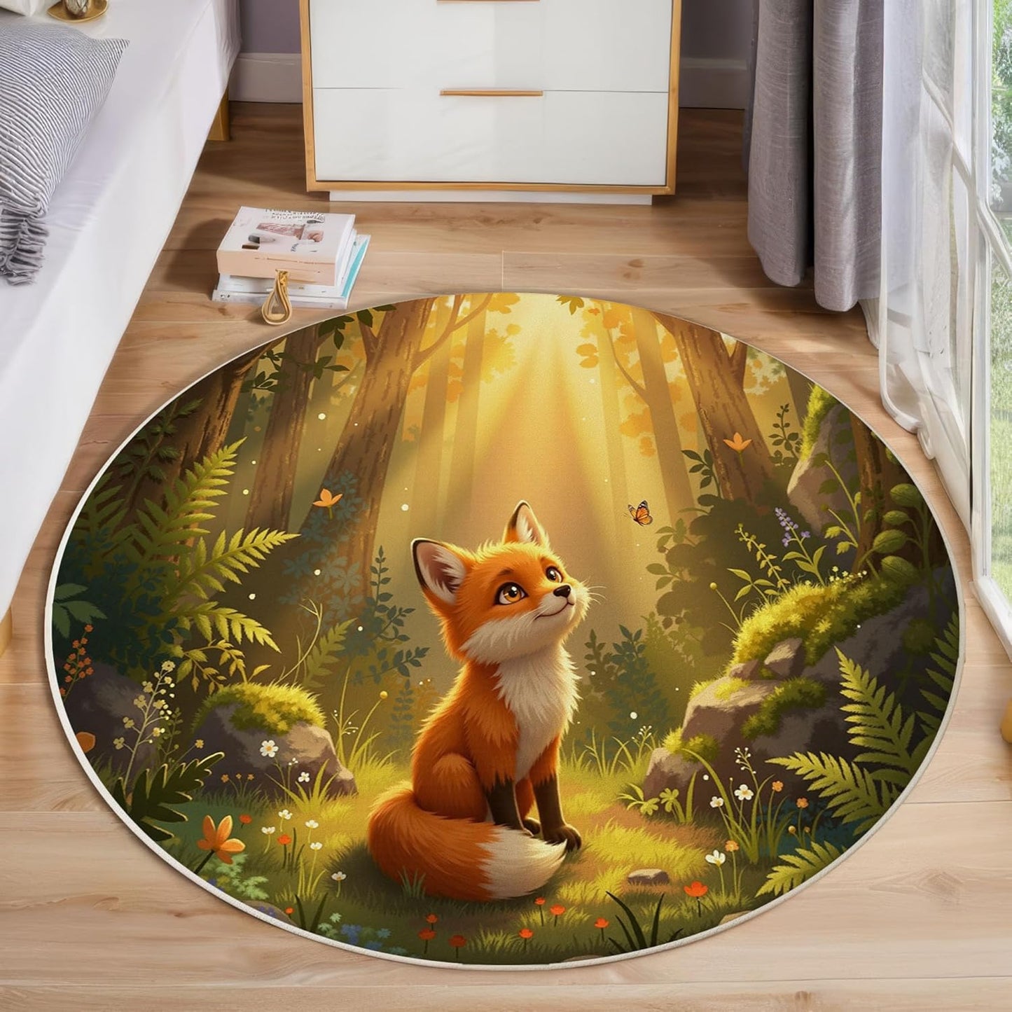 Sunshine Fox Grass Round Rugs 6Ft, Cute Animals Round Living Room Area Rug, Washable Large Soft Circle Rug for Bedroom, Non Slip Ultra Thin Floor Carpet for Dining Room, Forest Green