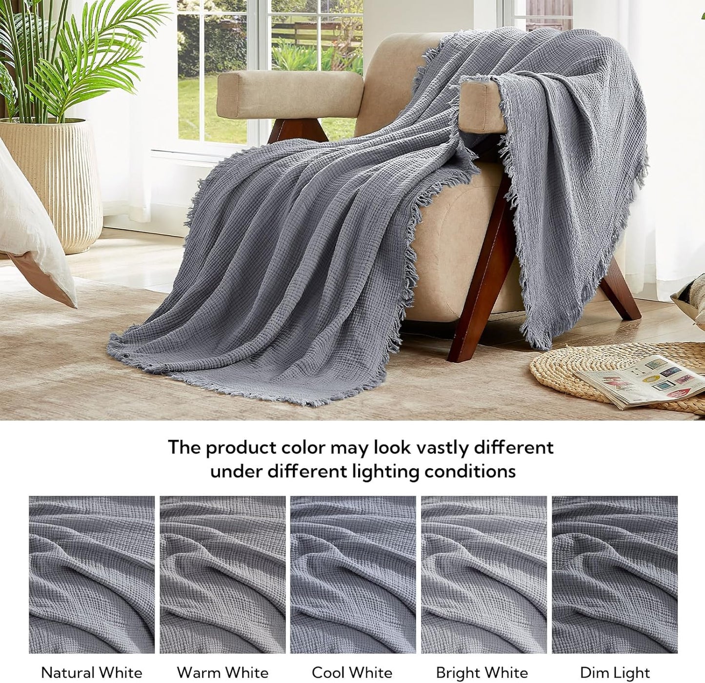 SOULFUL Muslin Throw Blanket with Tassels - Soft King Size Cotton Throw Blanket for Couch or Bed, Lightweight and Breathable Gauze for All Seasons, LightChampagne, 108" x 90"