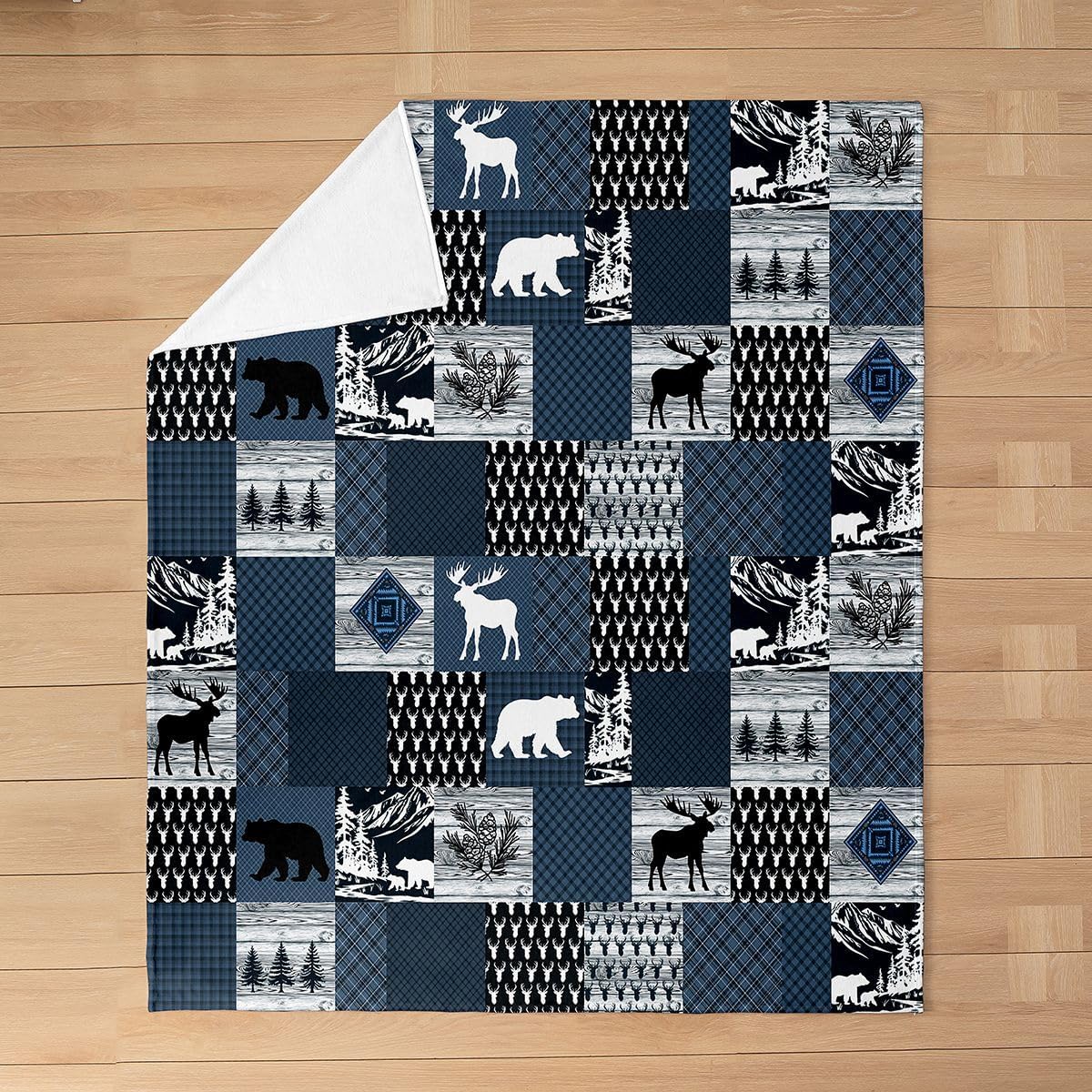 Feelyou Deer Bear Blue Plaid Fleece Throw Blanket Wild Western Animal Hunting Flannel Blanket Plush Fuzzy Rustic Cabin Farmhouse Patchwork Country Lodge for Bed Chair Twin 60"x80" Bedroom Decor