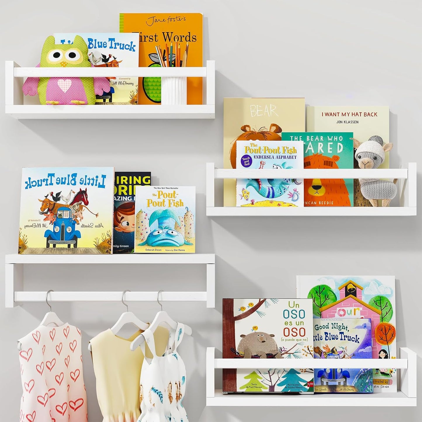 Fixwal Floating Book Shelves for Wall, 16.5 Inch Nursery Book Shelves for Playroom Decor, Set of 4, Solid Wood Wall Mounted Shelves for Books and Toys Storage (White)