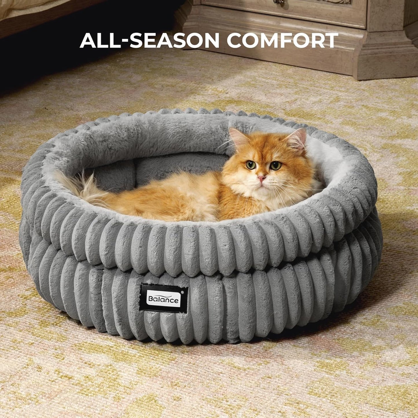 BALANCE Cat Bed Kitten Bed, Washable Round Cat Beds for Indoor Cats, Super Soft Plush Faux Fur Pet Bed for Puppy and Kitten with Anti-Slip Bottom