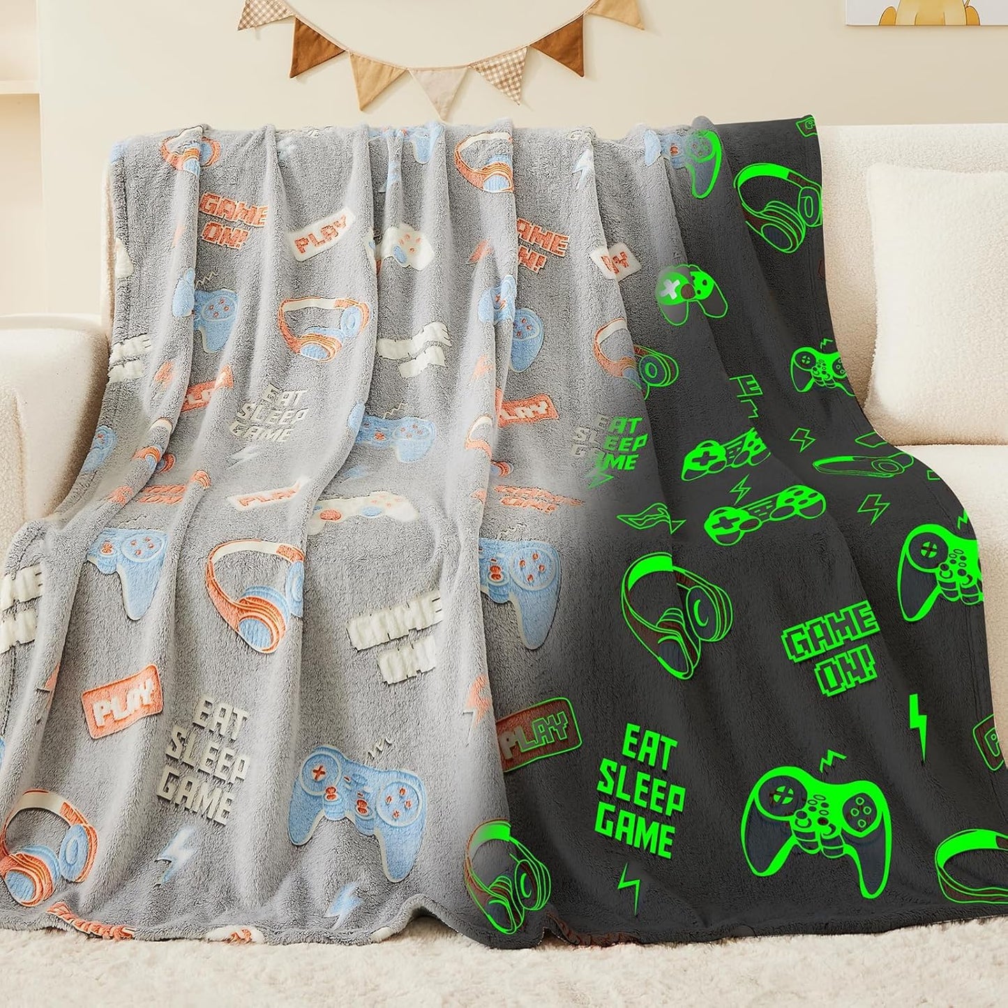 inhand Glow in The Dark Blanket Gaming Gifts for Boys Controller Kids Throw Gamer Blanket Gamer Toys for Kids Boys Presents Birthday Easter Halloween Grey 30"x40"