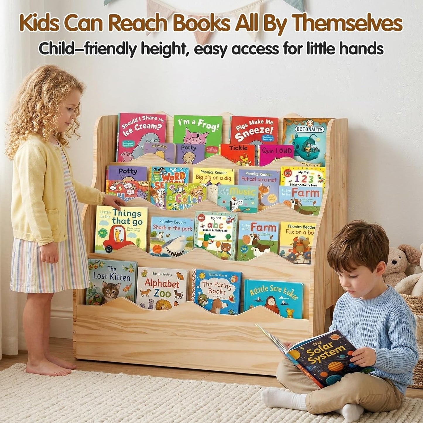 4-Tier Kids Bookshelf, Wooden Scalloped Toddler Bookshelf, Montessori Book Shelf for Kids Rooms, Front Facing Nursery Bookcase for Bedroom,Classroom,23.6" Kids Storage Organizer for Books Display