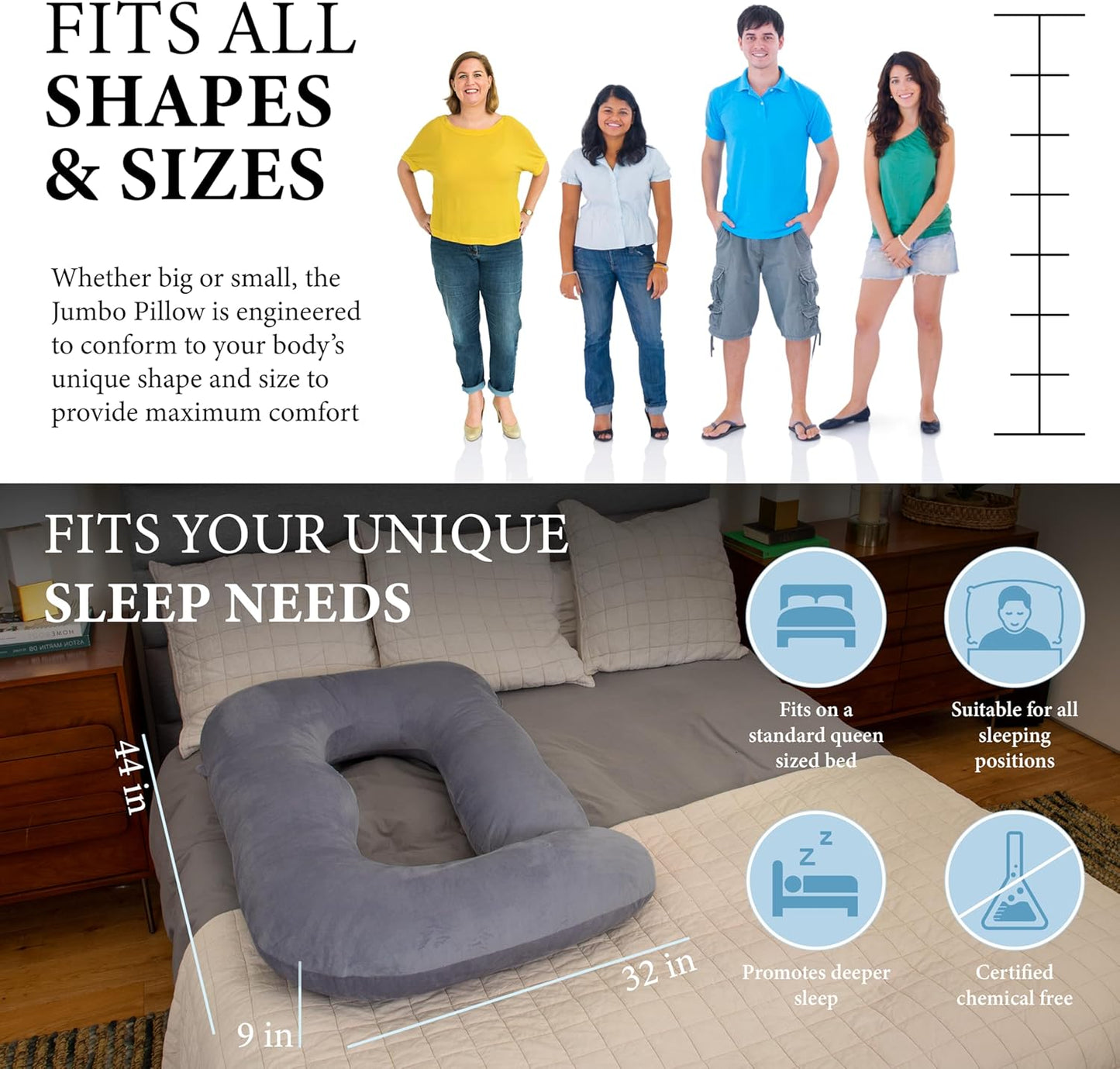 Pharmedoc Pregnancy Pillows, U-Shape Full Body Pillow -Removable Cover Jumbo Size - Gray - Pregnancy Pillows for Sleeping - Body Pillows for Adults, Maternity Pillow and Pregnancy Must Haves