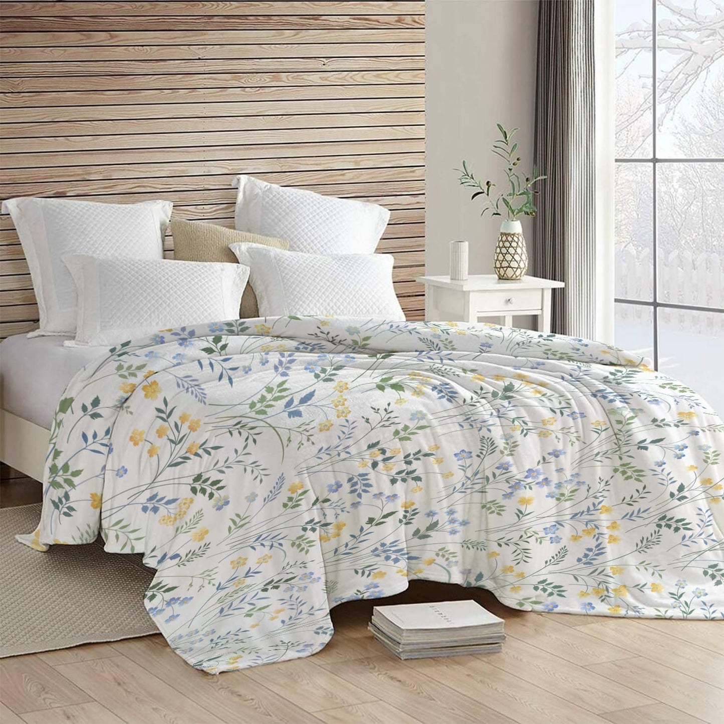 Spring Floral Throw Blanket Country Blue and Yellow Flower with Green Leaf Plant Pattern Soft Cozy Flannel Fleece Blankets for Couch Sofa Bed Chair Ideal Gifts for Women Mom Wife, 50" x 60"