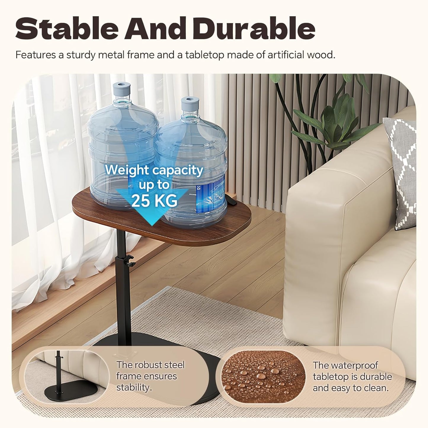 C-Shaped End Table, Adjustable Height Small Side Table for Couch, 360°Swivel Side Table Living Room and Bedroom for Sofa, Bed,Chair, Snack (Walnut)