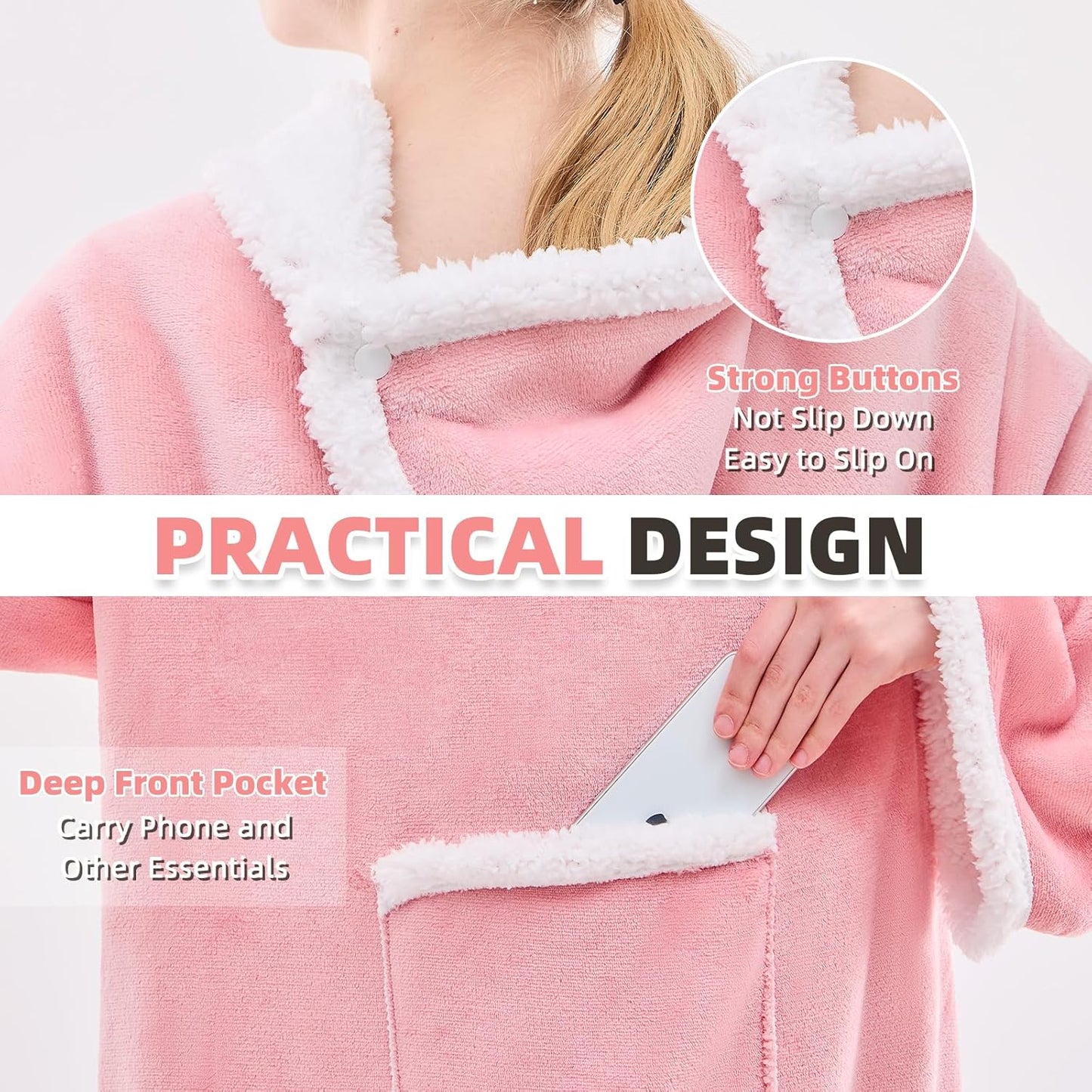 IFNOW Sherpa Wearable Blanket with Sleeves for Women Men Adults, Christmas Birthday Gifts for Women Mom Wife, Cozy Wearable Blanket with Arm and Pocket, Warm Full Body TV Wrap Throw Blanket, Pink