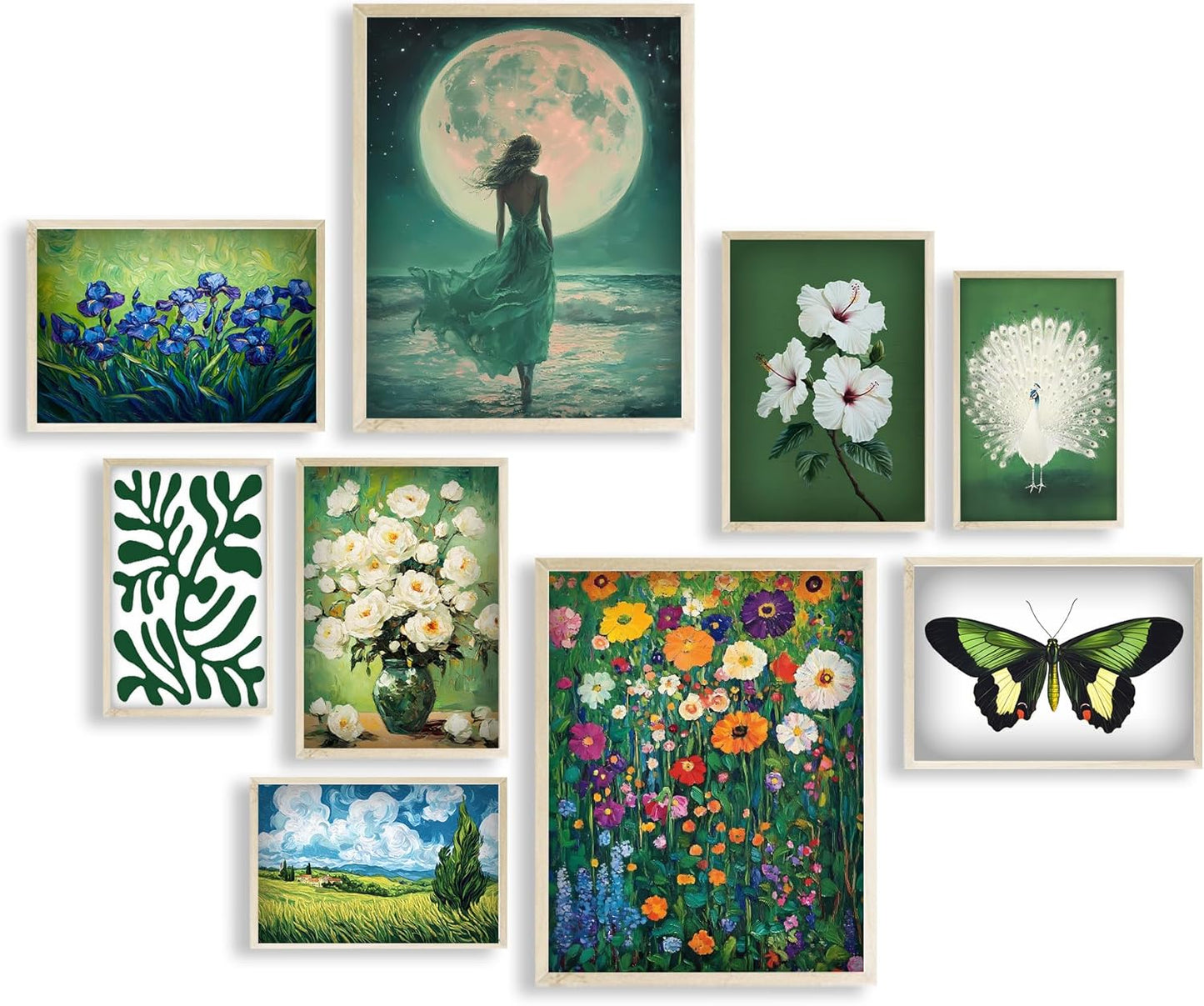 Eastern Print Eclectic Green Wall Art, Set Of 9 Pcs Unframed Posters, Vintage Room Decor Coquette, Green Painting Home Decor, Vintage Eclectic Wall Art Prints For Bedroom, Living Room, UNFRAMED