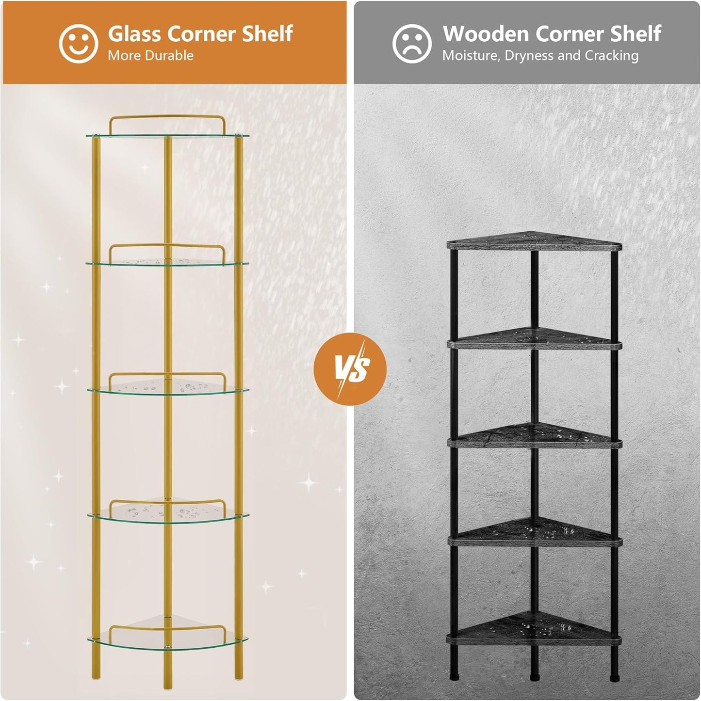 FAVOOSTY 5-Tier Corner Shelf Stand, Gold Corner Bookshelf, Bathroom Organizer, Plant Stand, Tempered Glass Shelves, Modern Style for Living Room, Bedroom, Kitchen, Home Office, Metallic Gold
