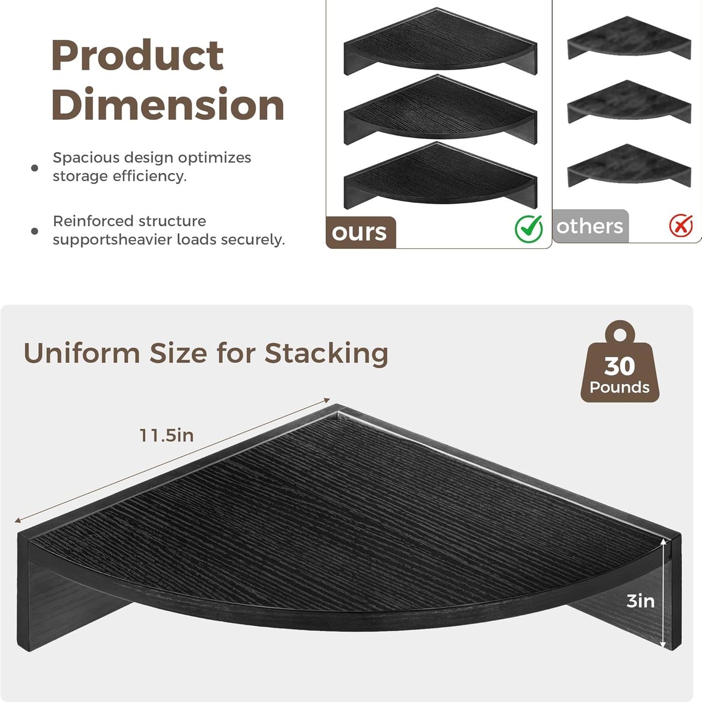 Corner Shelves 3-Pack for Bathroom & Kitchen, Space-Saving Floating Corner Wall Shelf with Easy Installation- Black