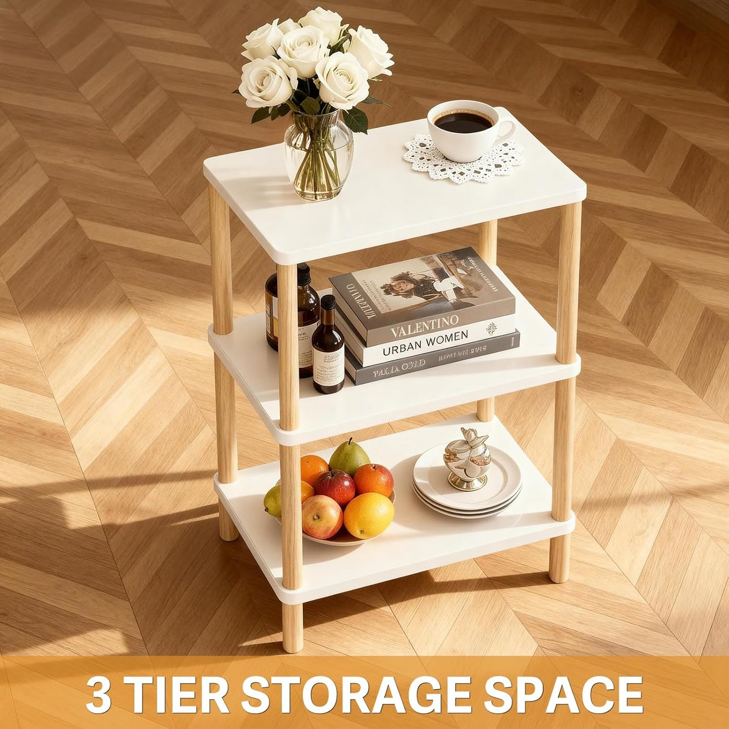 YGYQZ 3 Tier End Table，Tall Side Table with Solid Wood Legs，Small Bedside Table with Storage Shelf，Nightstand for Small Spaces，Living Room,Bedroom，29 in Hight,No Tool Installation,White+Natural