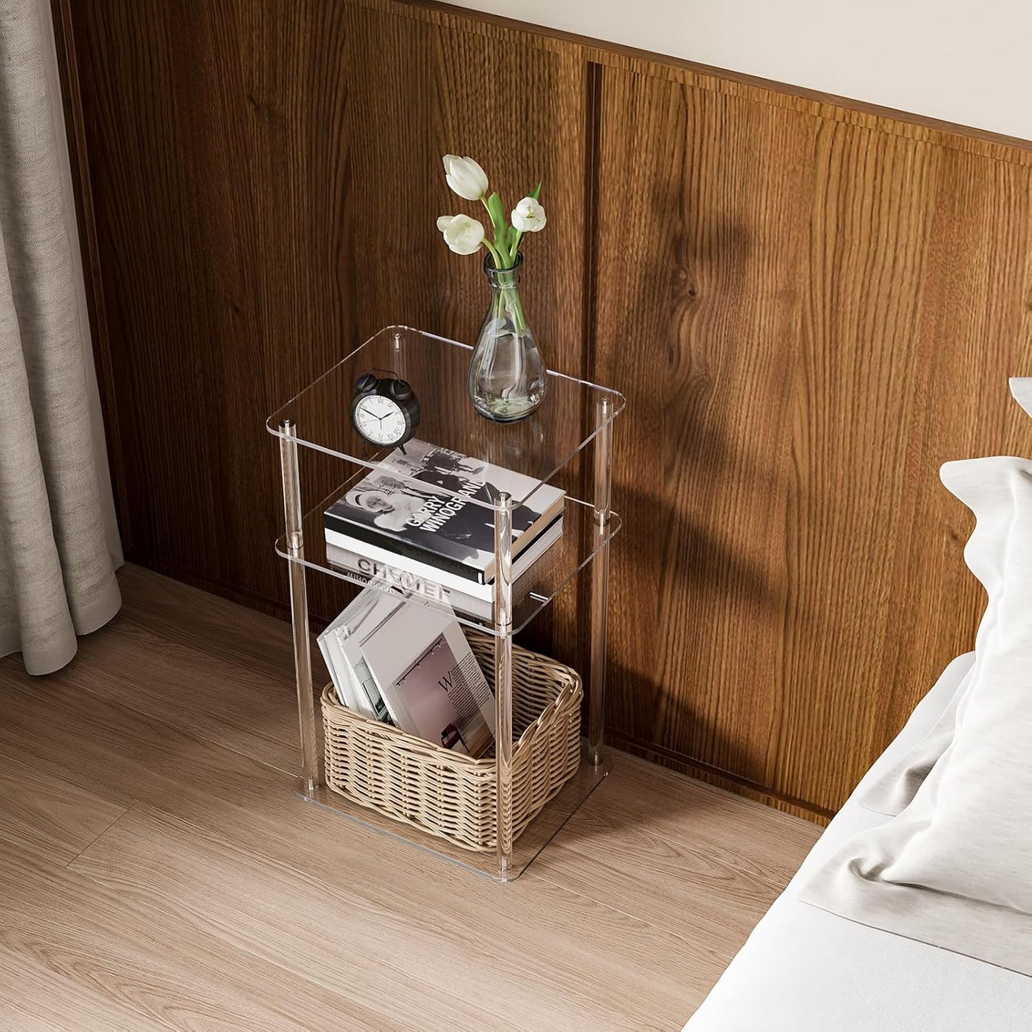 HMYHUM Acrylic End Table, 14" L x 11.5" W x 23.2" H Clear Lucite Side Table for Small Spaces Nightstand Bedside Table for Living Room, Bedroom, 3 Tier, Clear
