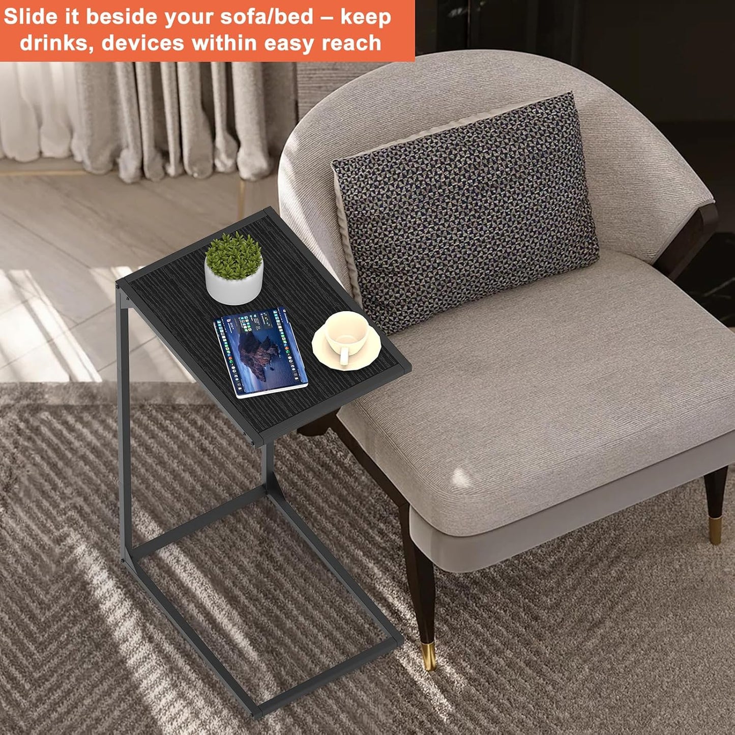 Sunexinlo Set of 2 C Shaped End Tables for Couch, Slide Under Sofa, TV Tray for Laptop, Coffee and Snacks, Space Saving, for Living Room and Bedroom, Black