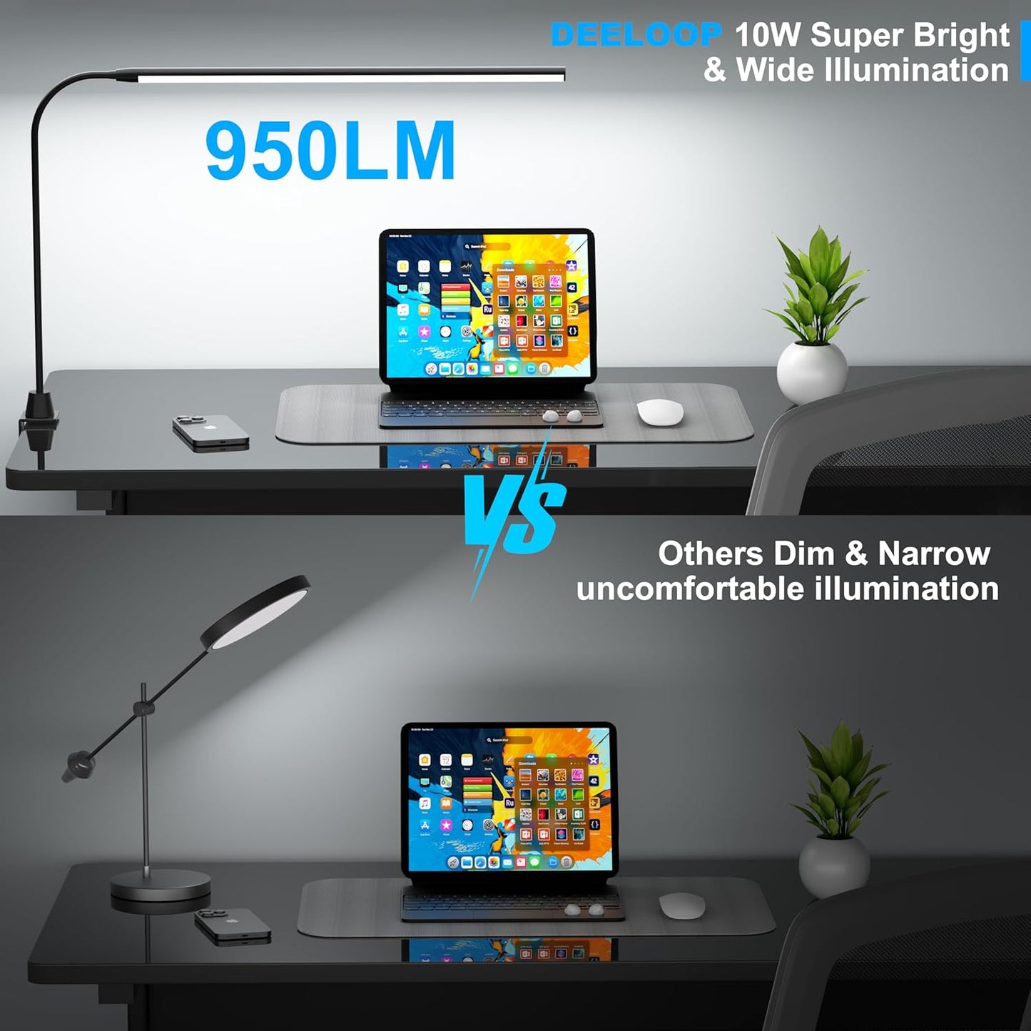deeloop LED Clip-on Reading Light, 20" Ultra-Long Chips Bright Desk Lamp, 10%-100% Stepless Dimming & 3 Color Modes Office Lamp with 360 Head Rotation Memory Function Clamp Light