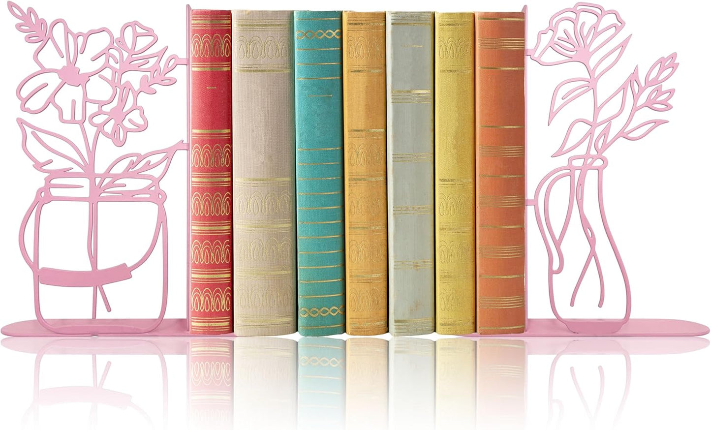 Metal Flower Vase Bookends, Cute Book Ends for Office Home Decor Decorative BookEnds for Shelves, Ideal Gift for Book Lovers(Pink)