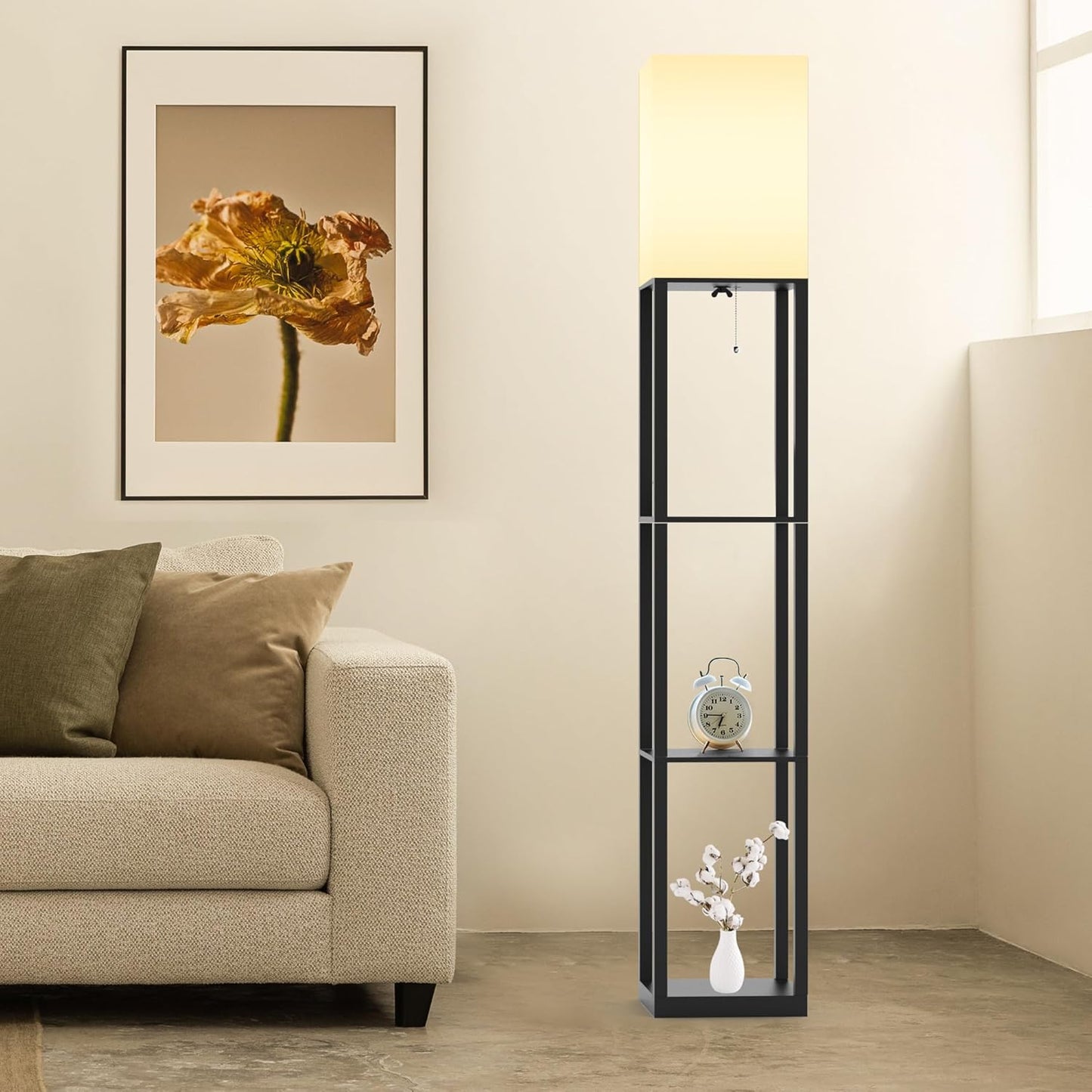 Floor Lamp with Solid Wood Shelves for Living Room, 3-Tier Shelf Standing Lamp with LED Bulb and Pull Chain Switch, Corner Display Bookshelf Lamp for Living Room and Bedroom(Black)