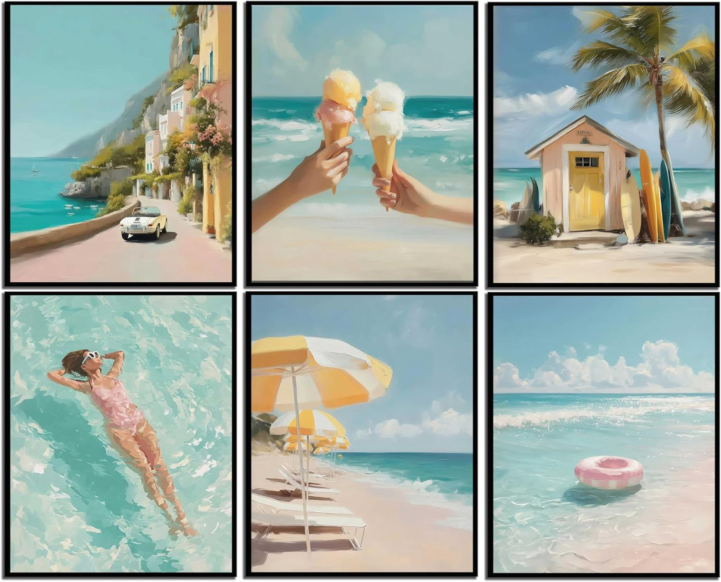 6 Pcs Beach Wall Art - Coastal Granddaughter Aesthetic Poster, Tropical Vacation Vibe painting, Italian Summer Prints Wall Decor for Living Room Bedroom Bathroom Unframed 10x8 Gifts for Friends