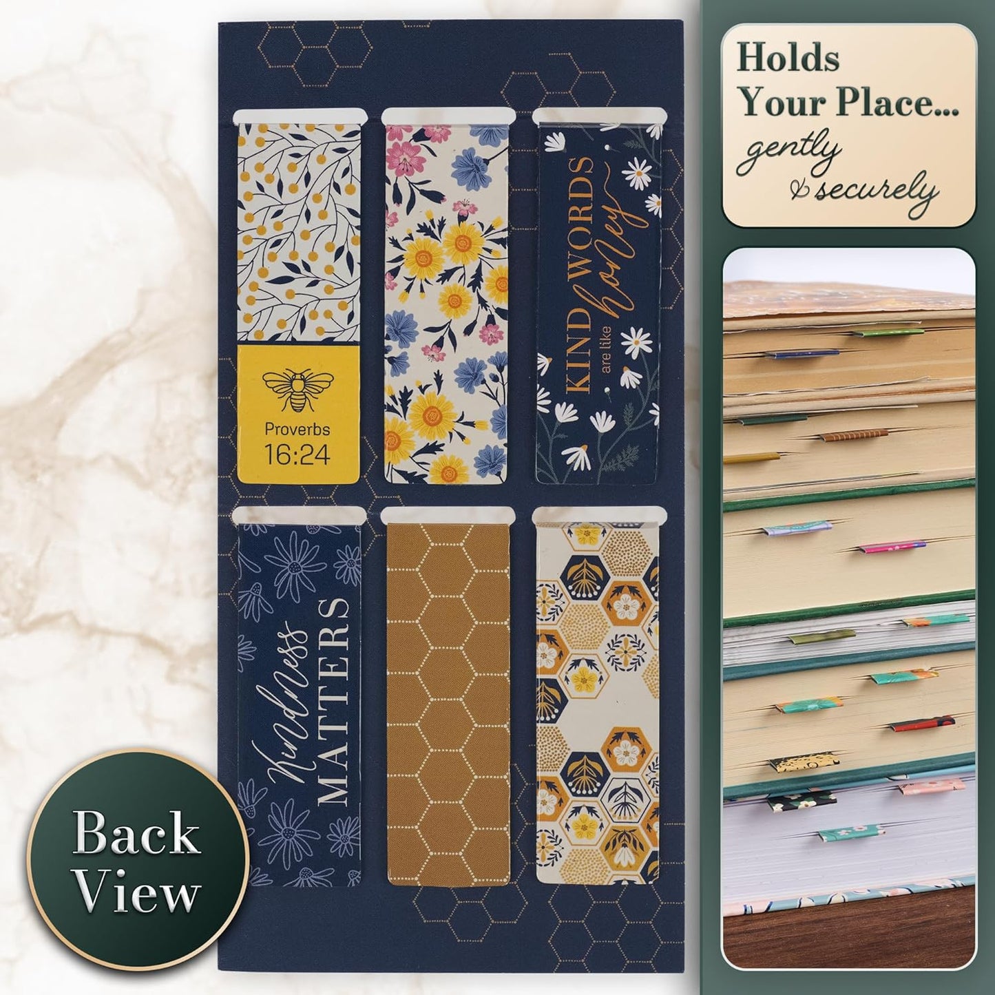 Christian Art Gifts Colorful Inspirational Magnetic Scripture Bookmark Set for Women: Kind Words are Like Honey Themed Navy Blue & Yellow Multicolor Floral Theme for Books, Bibles, Papers, Set of 6