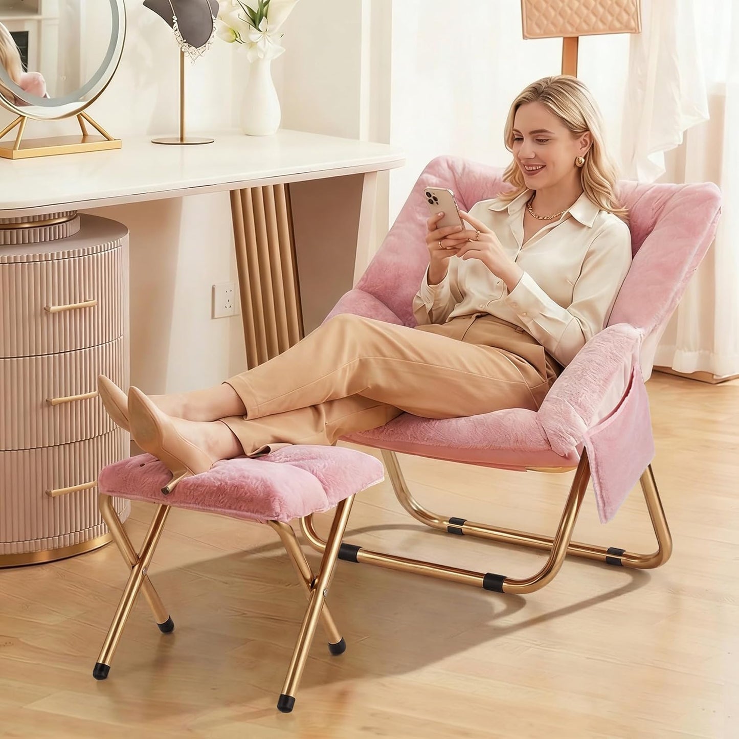 Comfy Saucer Chair, Foldable Living Room Chairs, Soft Faux Fur Lounge Chair for Bedroom, Reading Chairs for Adults, Teens, X-Large (Pink)