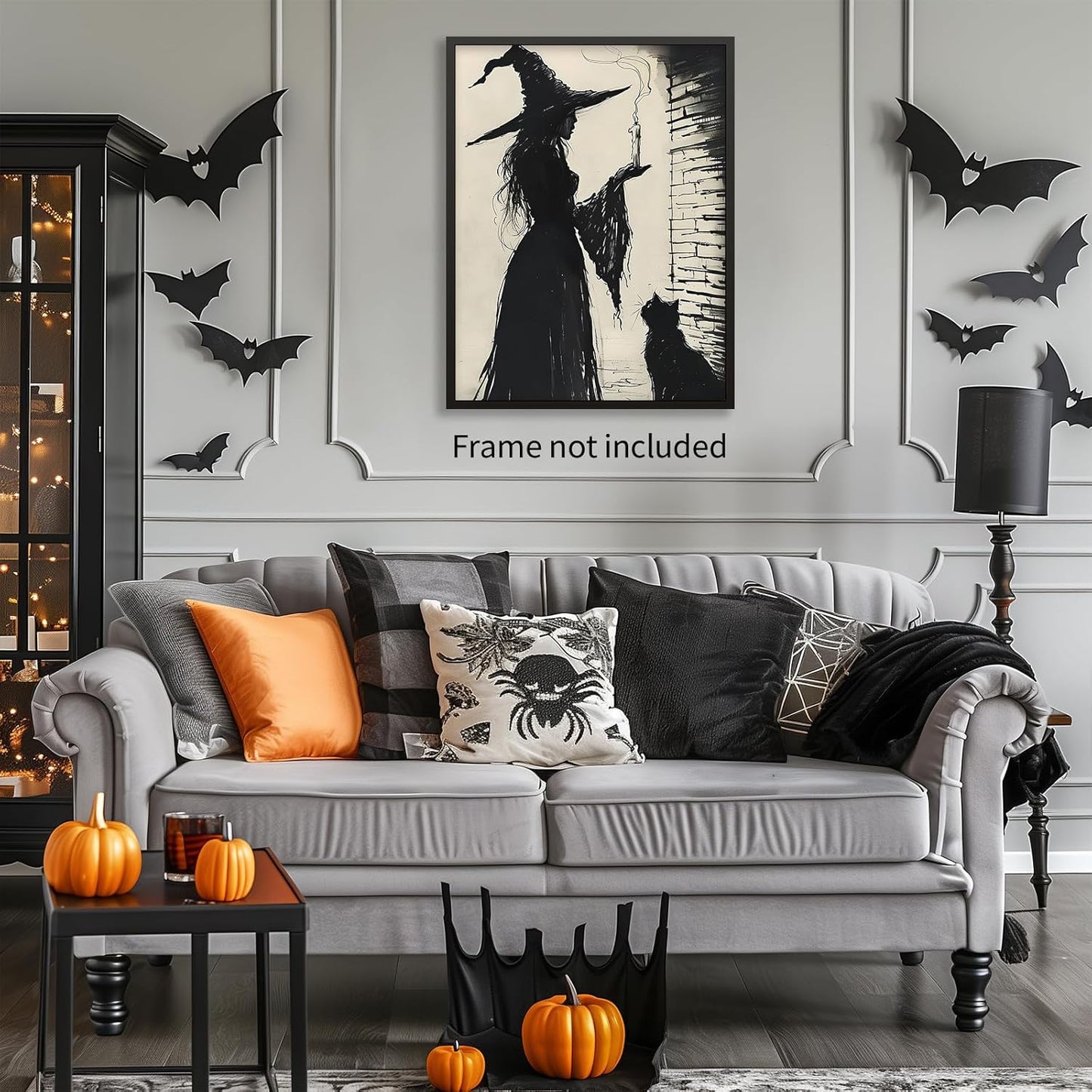 Halloween Canvas Wall Art Witch and Black Cat Posters Gothic Candle Haunted Witchcore Pictures Vintage Ink Style Prints for Dark Academia Halloween Party House Decor 12x16inch Unframed