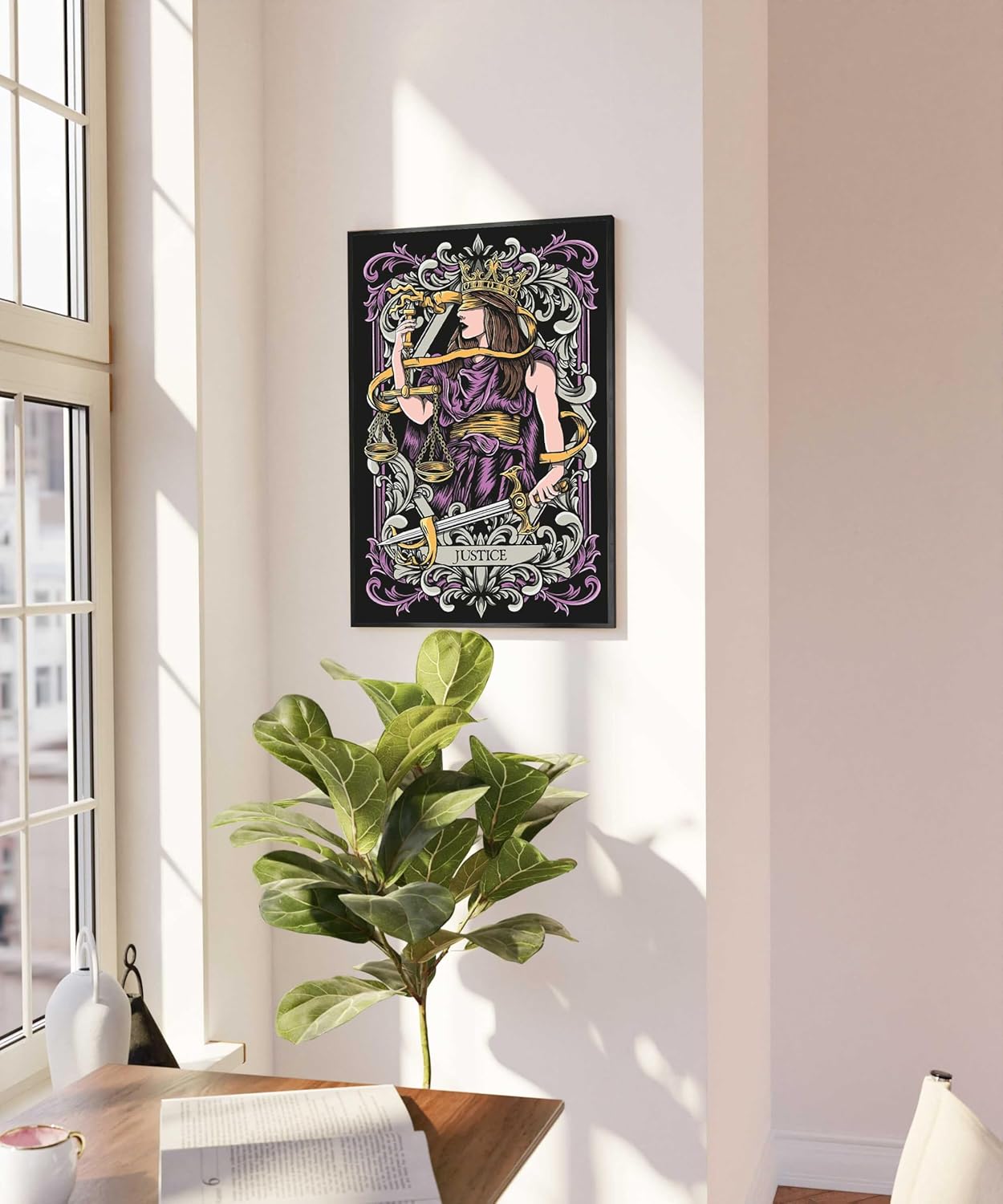 Gothic Justice Tarot Card Art Print, Medieval Fantasy Wall Decor, Alternative Mystical Witch Vintage Gothic Tarot Poster Home Decor Gift(L18 xW12-CANVAS)