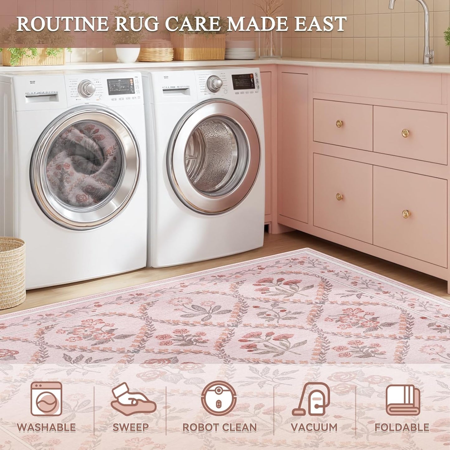 Pink Rug for Office Under Desk Rolling Chairs 4x6 Small Classroom Rug Reading Corner,Washable Boho Floral Hardwood Floor Mat for Baby Nursery Bedroom Living Room Kitchen Dinning Room