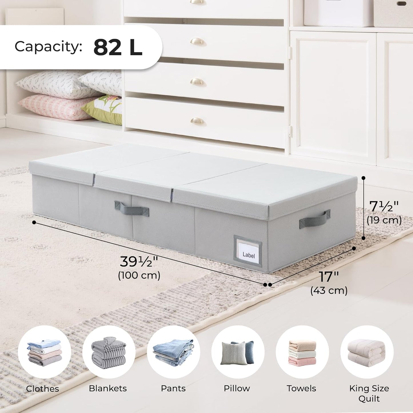 Cupic Cupid 7.5" Foldable Underbed Storage Box with Lid, 82L Large Under Bed Storage Containers with Reinforced Bottom for Comforters & Blankets, High Capacity Seasonal Bedding Organizer, 2 Pack,Grey